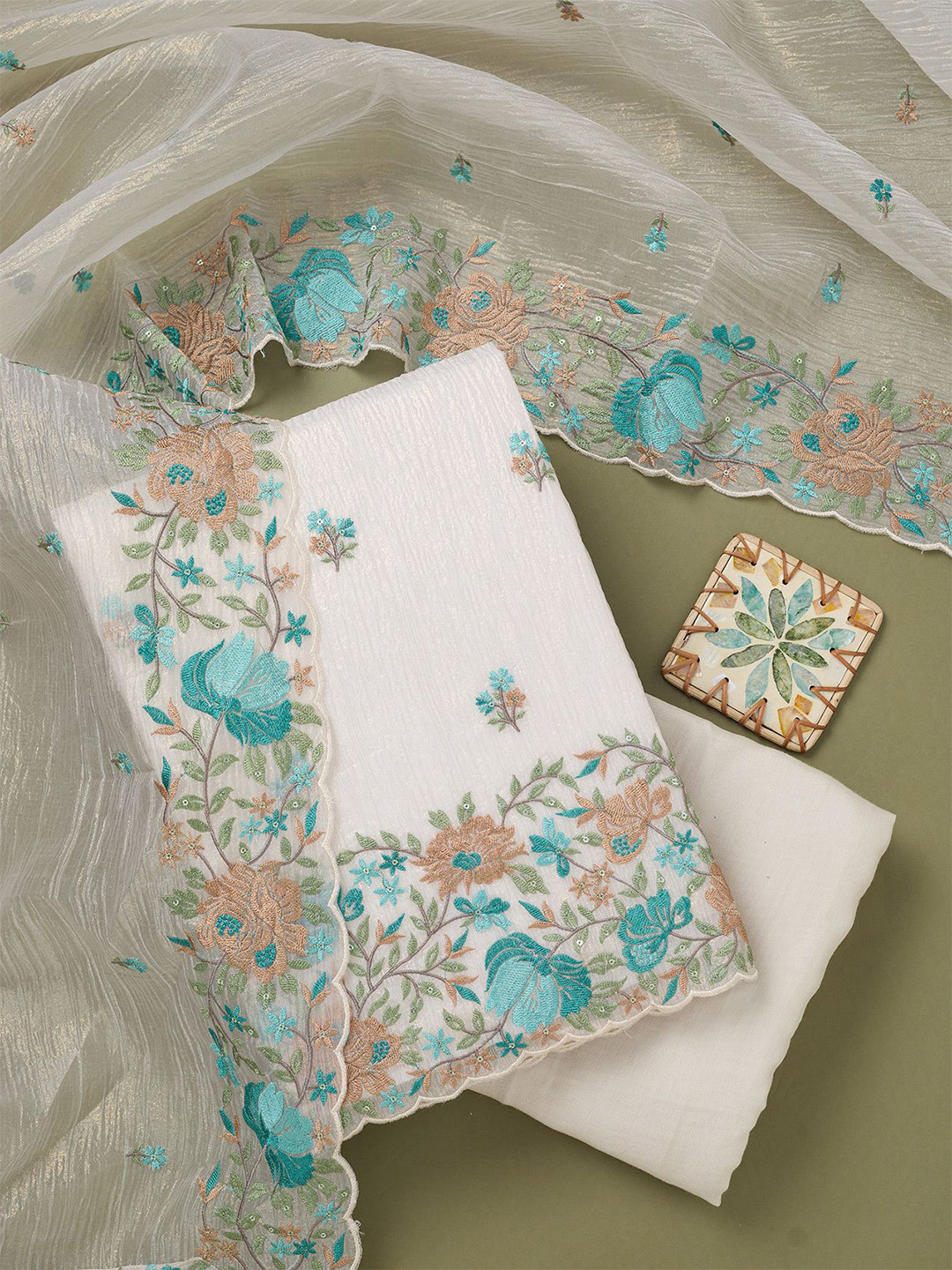 Koskii Beige Threadwork Tissue Unstitched Salwar Suit