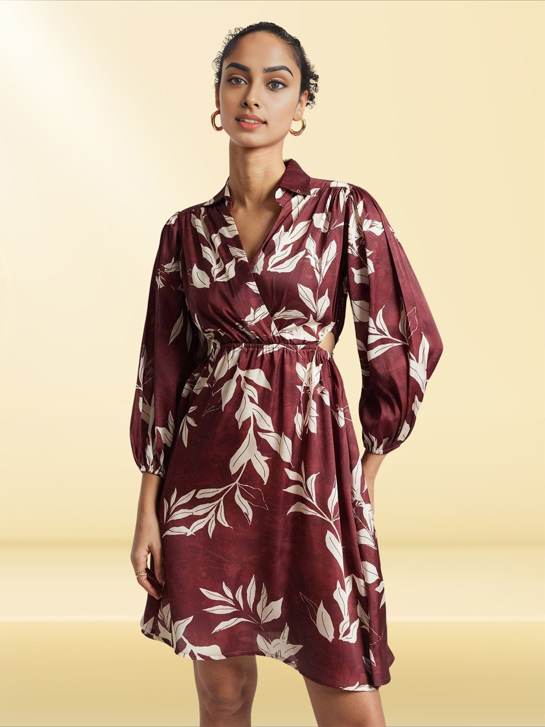 MYROR Women Floral Print Cut-Outs Shirt Collar Neck Wrap Midi Dress