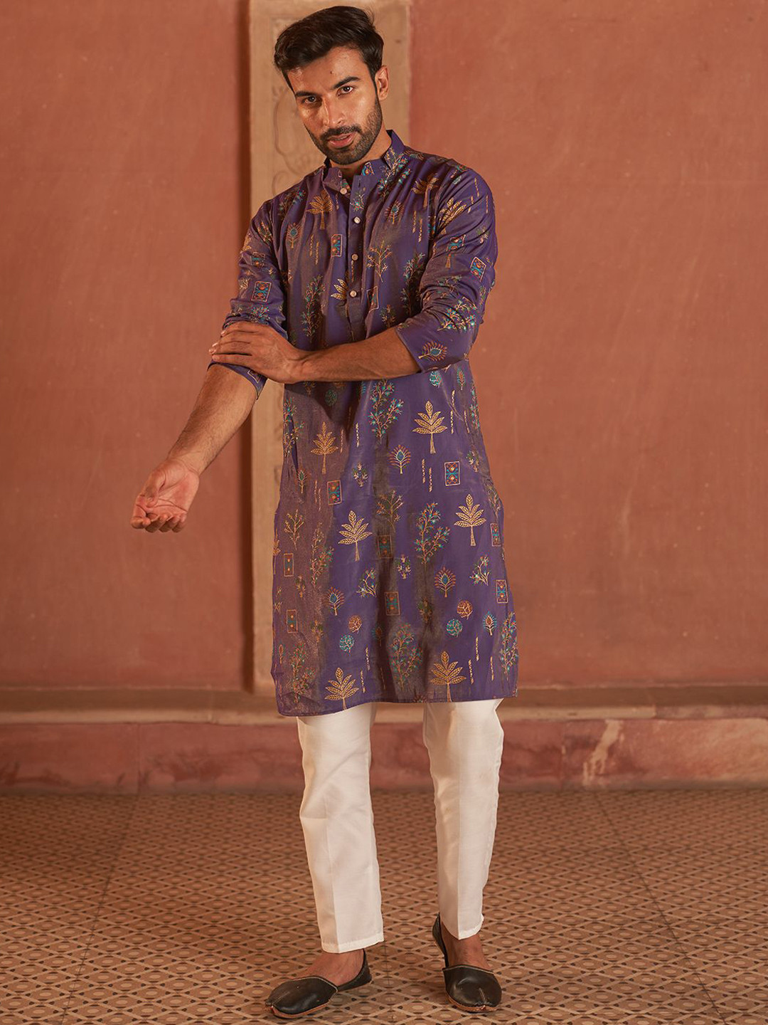 Jompers Men Floral Printed Solid Regular Knee Length Kurta with Pyjamas