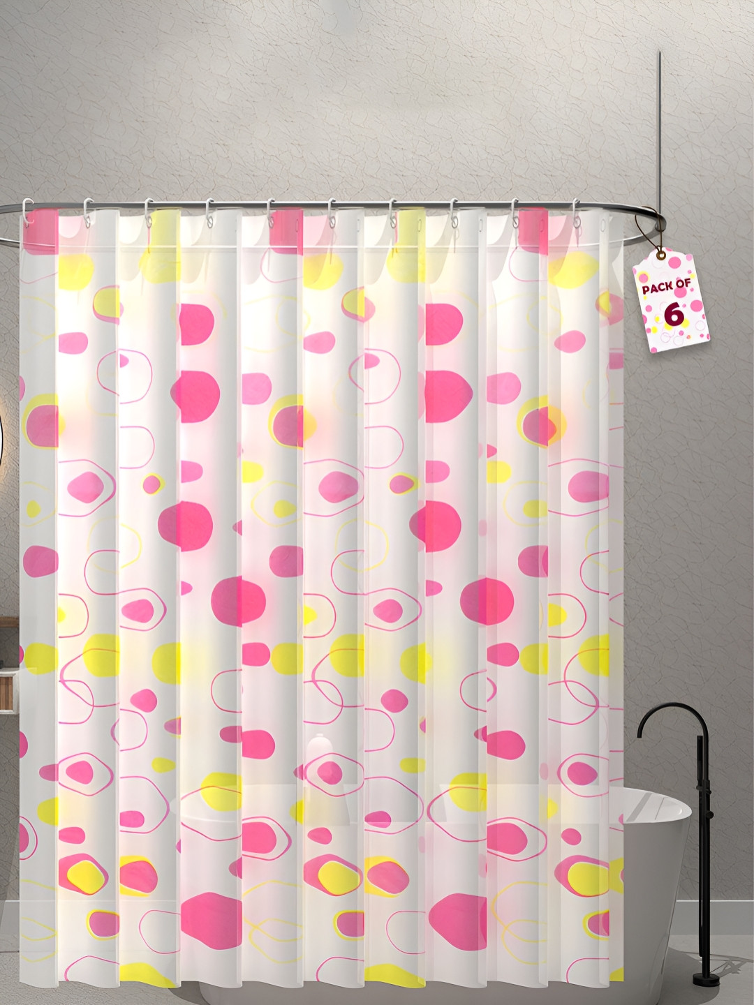Aura 6-Pcs Pink & Yellow Bubbles Printed Waterproof ShowerCurtainWithHooks