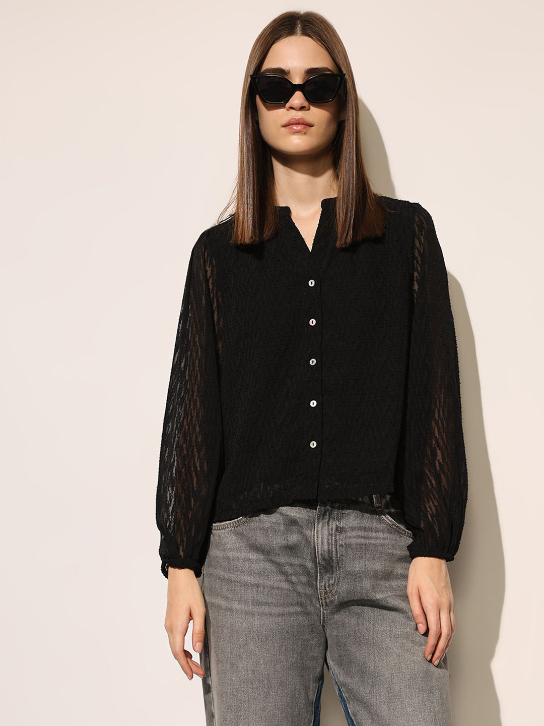 ONLY Women Self Design Mandarin Collar Monochrome Shirt Style Top