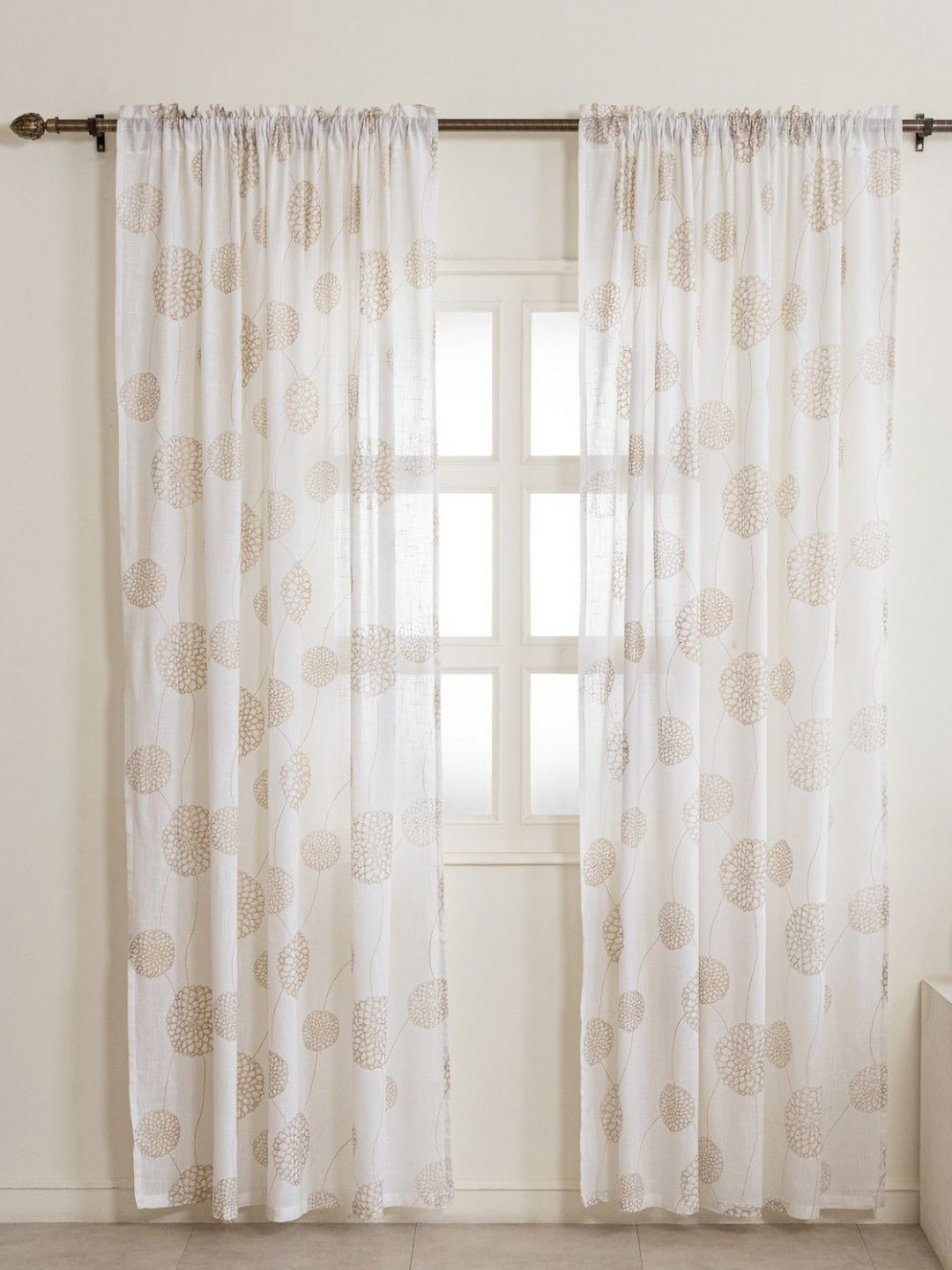 HOMEMONDE Gold-Toned & White 2 Pieces Floral Cotton Rod Pocket Sheer Window Curtains