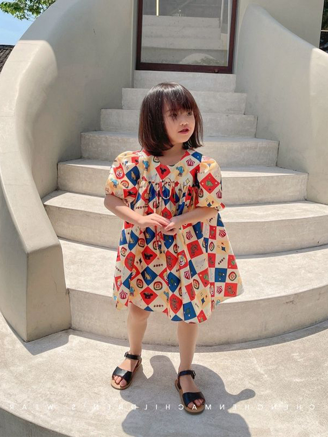 StyleCast x Revolte Girls Geometric Printed Round Neck Gathered or Pleated A-Line Dress