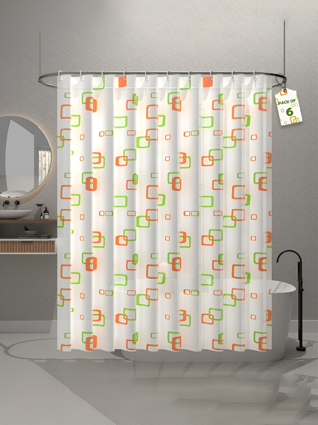 Aura 6-Pcs White & Green Printed Waterproof ShowerCurtain With Hooks