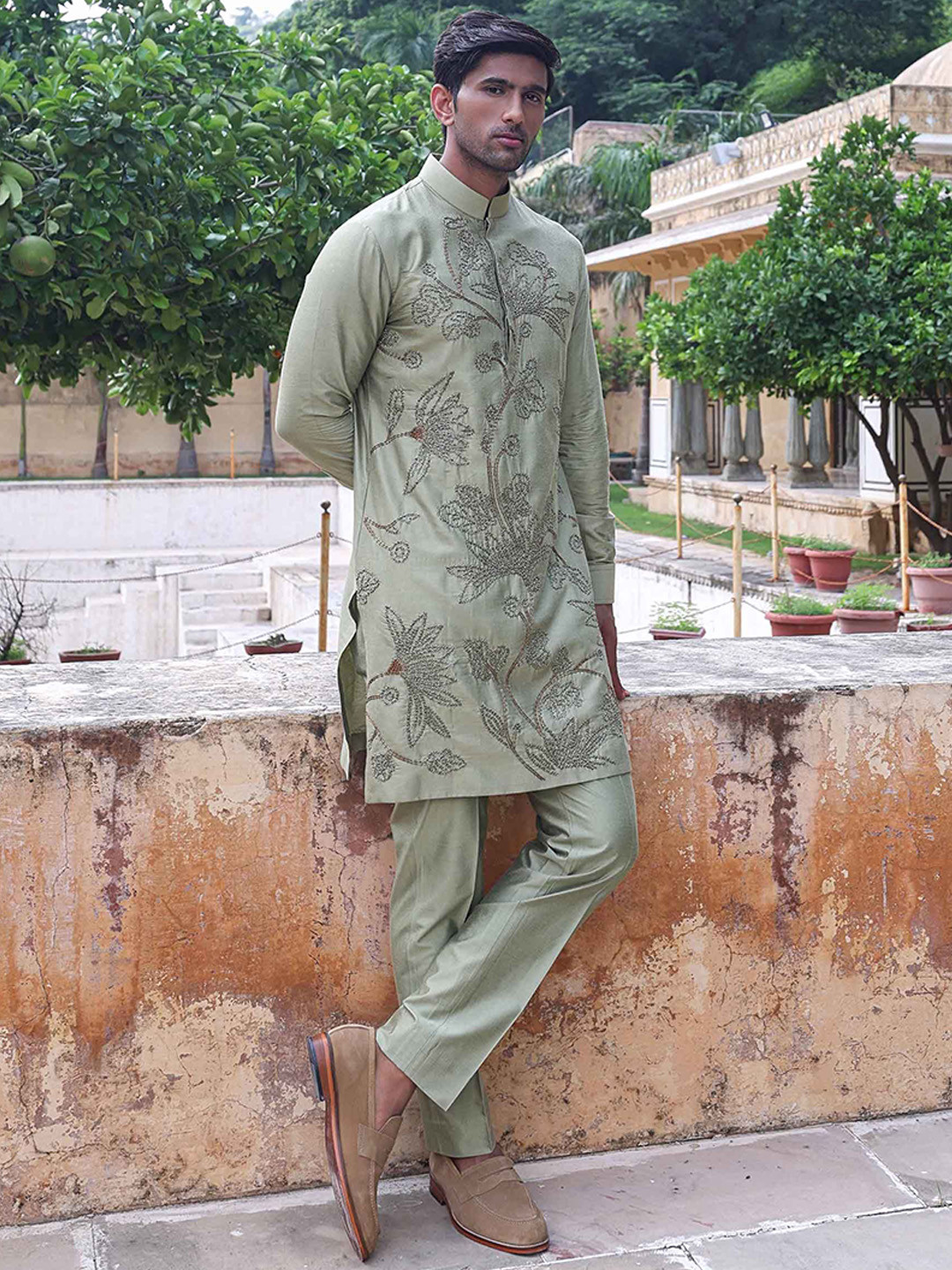 ABKASA Men Floral Embroidered Beads and Stone Kurta Set
