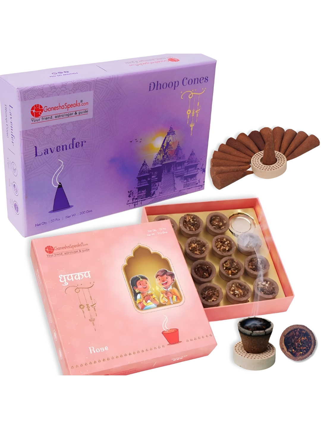 GaneshaSpeaks 2-Pcs Brown Wooden Loban Dhoop Cup & Rose Dhoop Cone