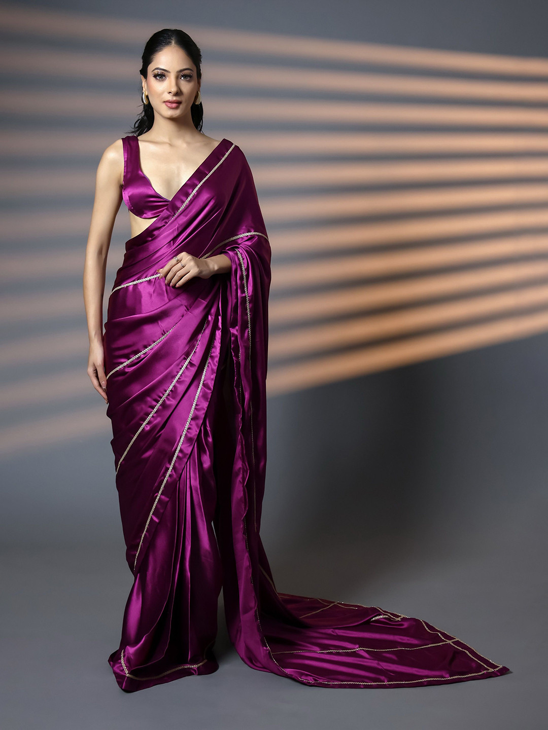 HANDME Noor-e-Gulab Golden Embellished Premium Satin Saree with Unstitched Blouse