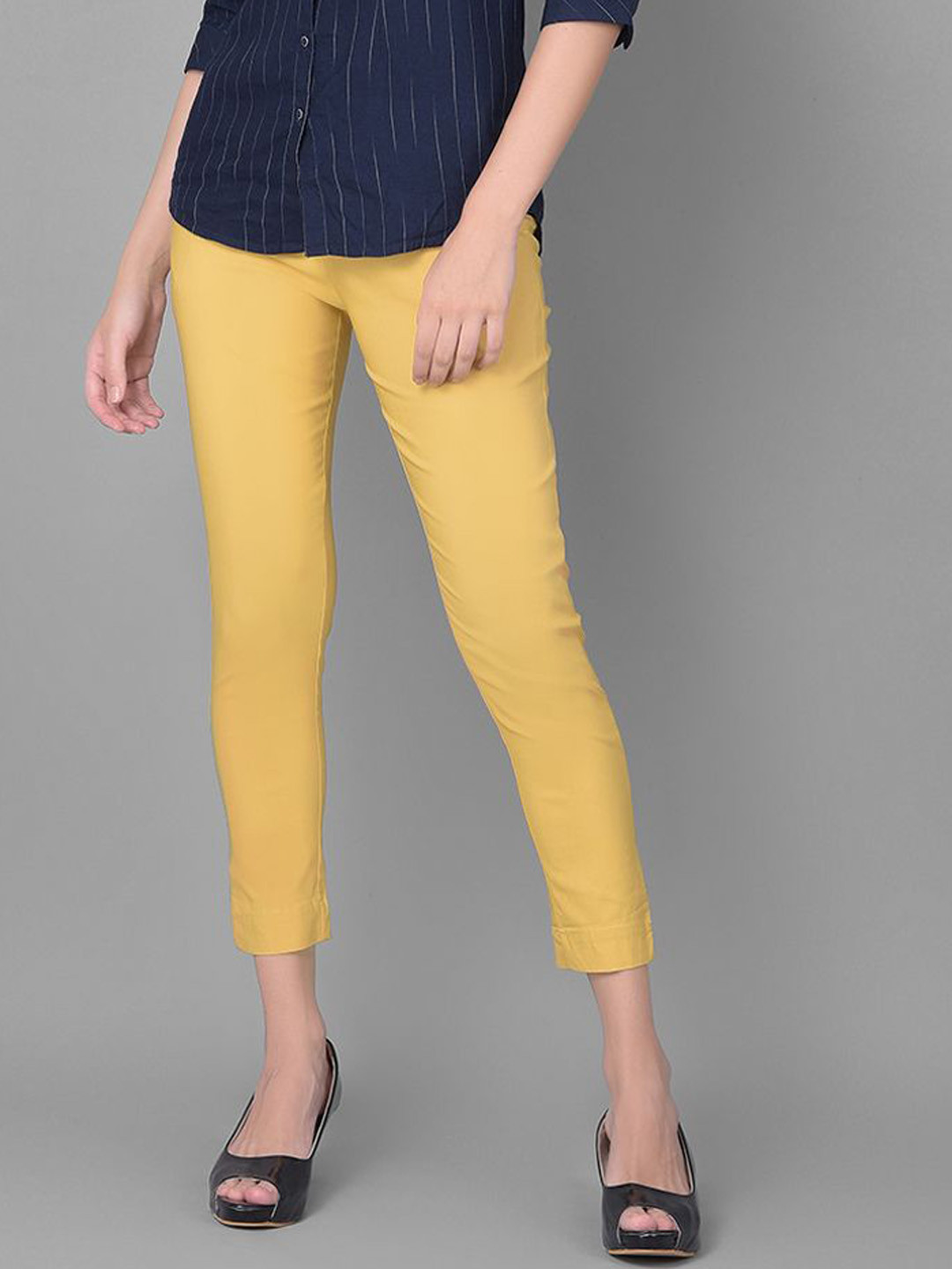 Comfort Lady Cotton Skinny Fit Elastic Waist Mid-Rise Cigarette Trousers