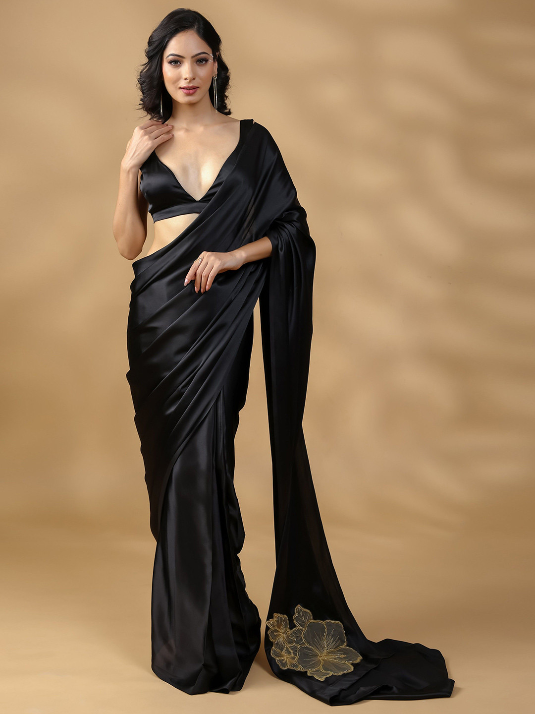 HANDME Satin Black Beauty Floral Embroidered Saree and Unstiched Blouse
