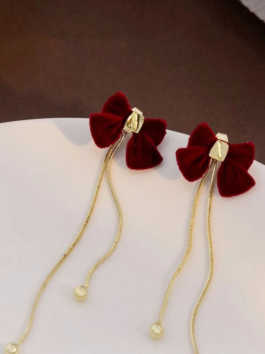 styledose Sterling Silver Red Bow Velvet  Contemporary Drop Earrings