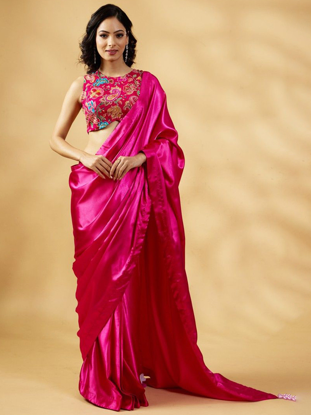 HANDME Gulabi Satin Glow Saree with Handcrafted Tassels & Blouse Fabric