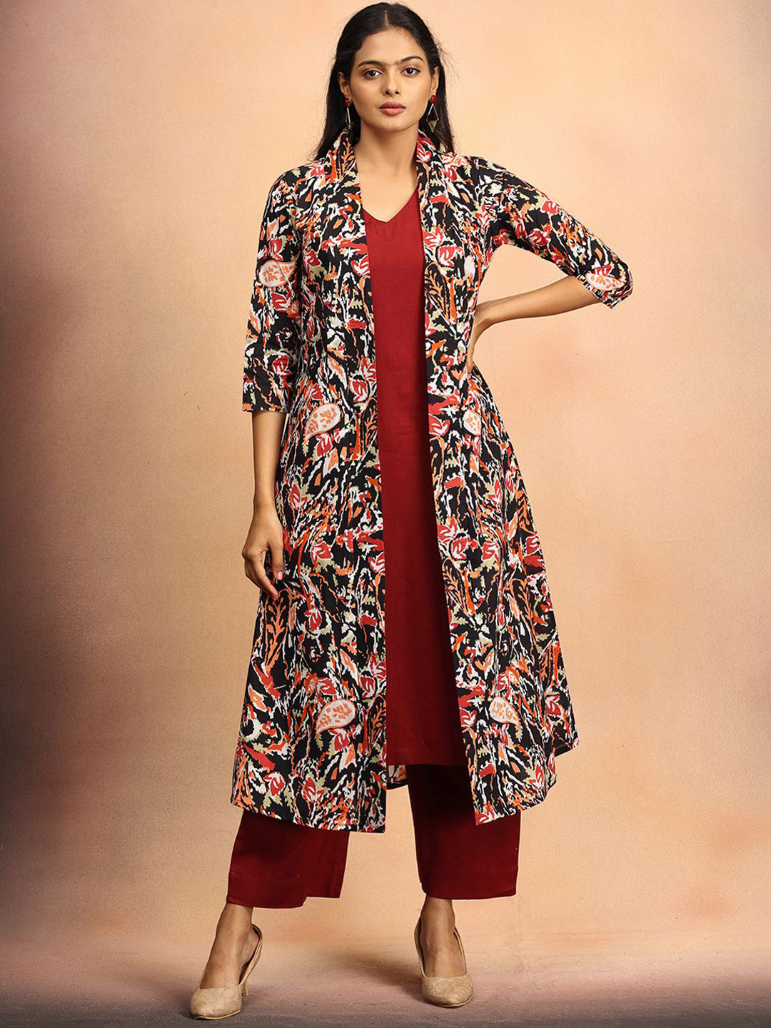 The Woman Store Printed Pure Cotton V Neck Top With Trousers Co-Ords
