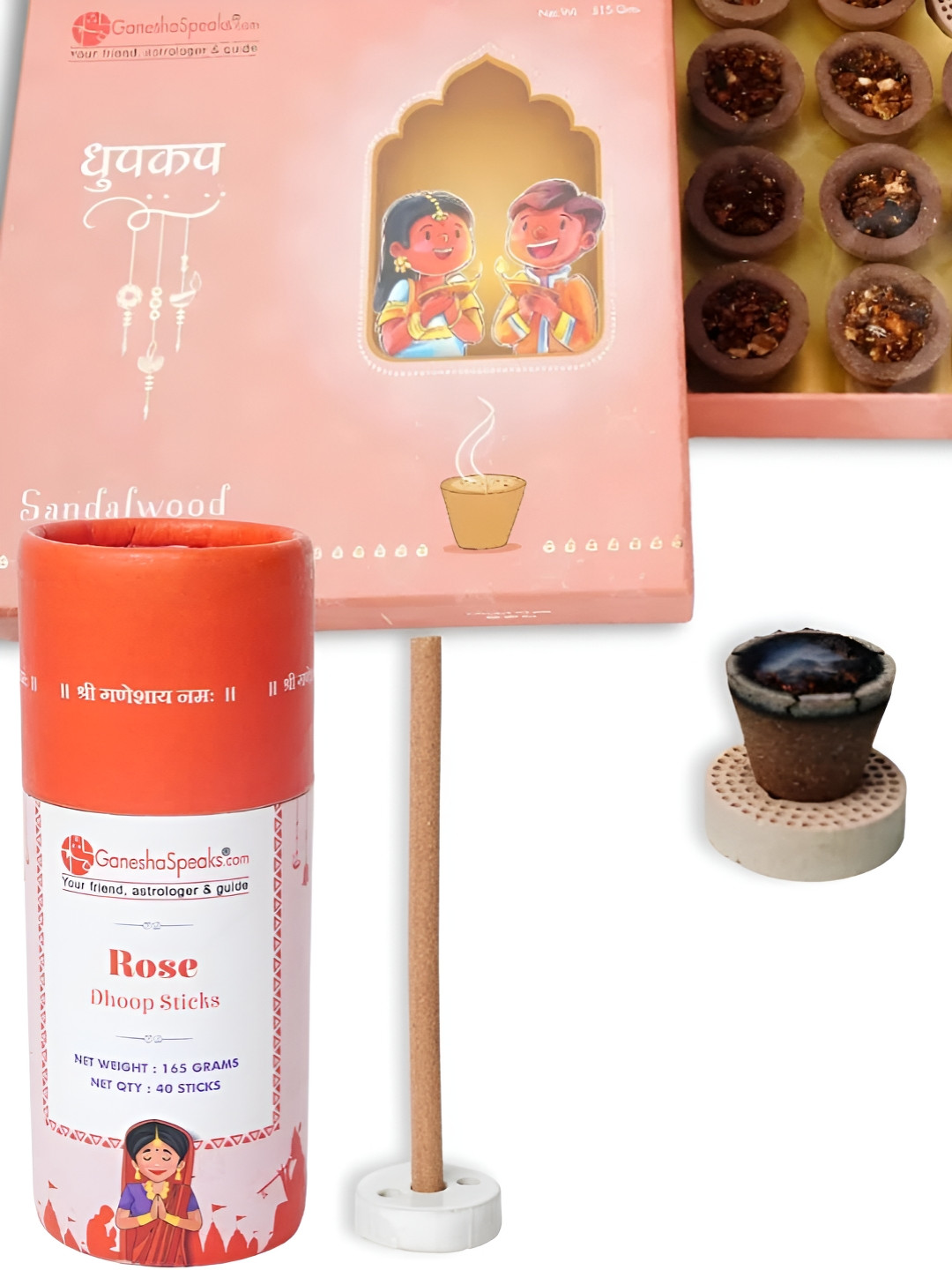GaneshaSpeaks 3-Pcs Rose Dhoop Cup & Sandalwood Dhoop Stick, Jasmine Incense Stick Combo
