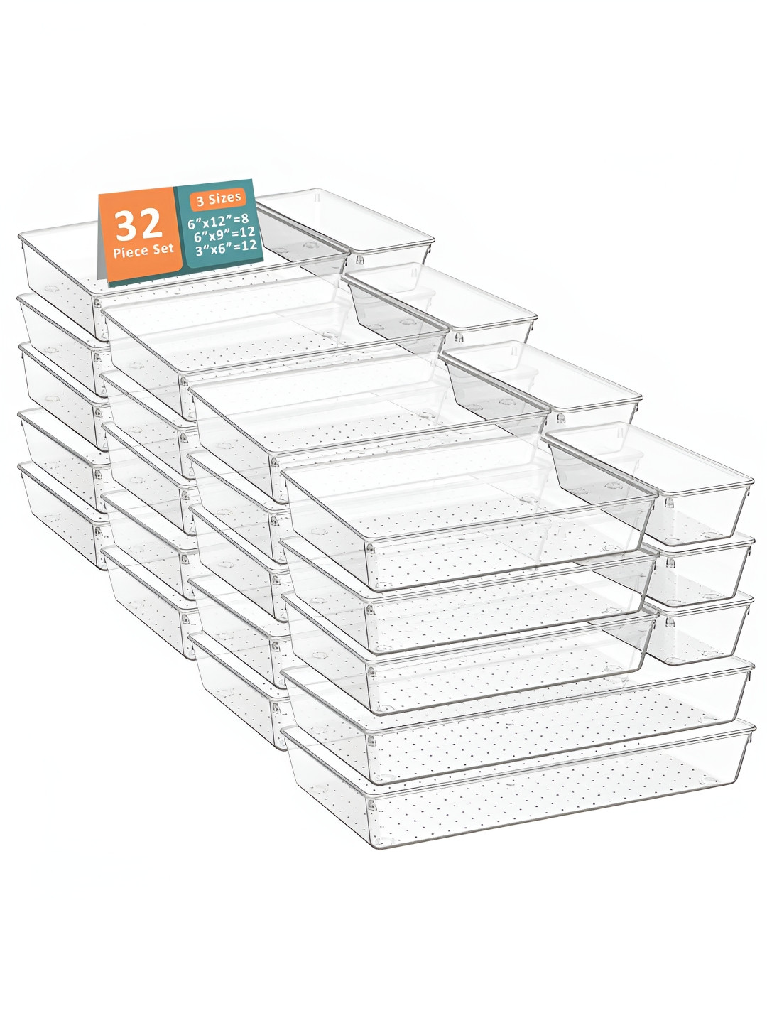 Aura Transparent 32 Pcs Set Multi-Purpose Plastic Tray Kitchen Storage Drawer Organisers