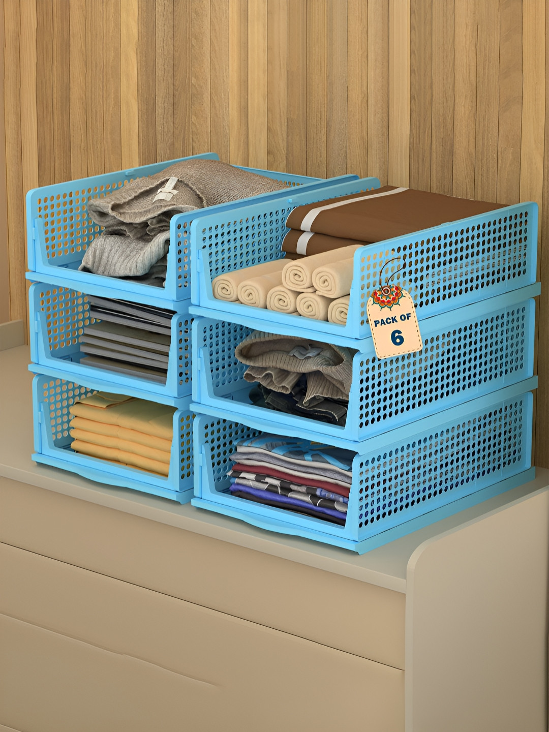 Aura Blue 6 Pcs Kids Foldable Drawer Storage Wardrobe Organisers & Clothe Storage Rack