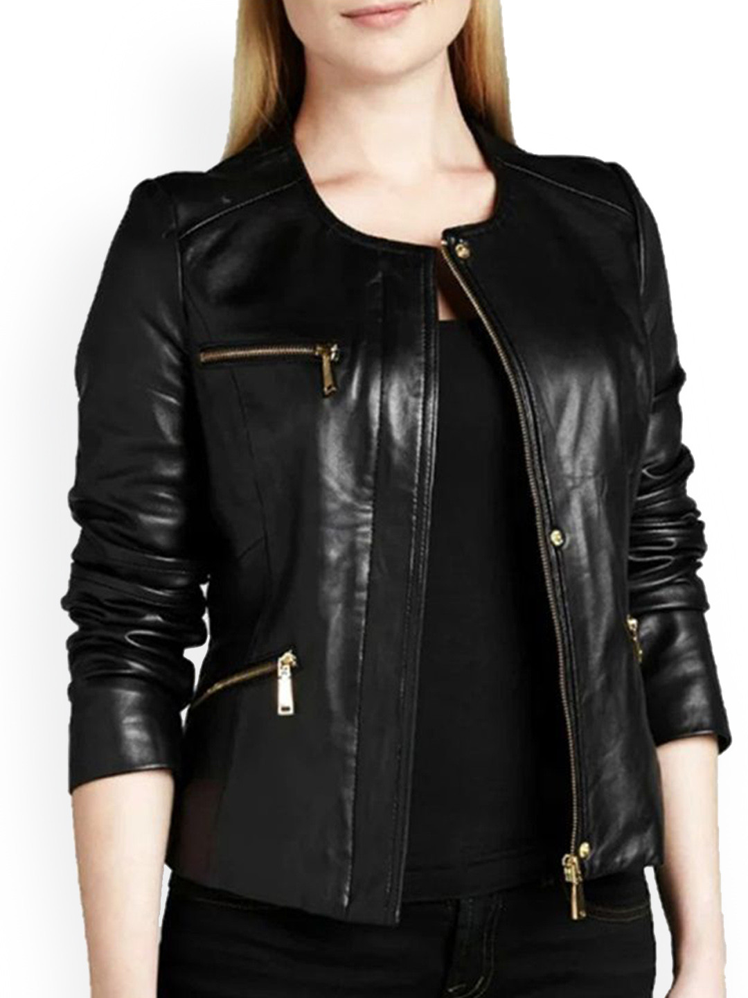 NOORA Stand Collar Leather Jacket