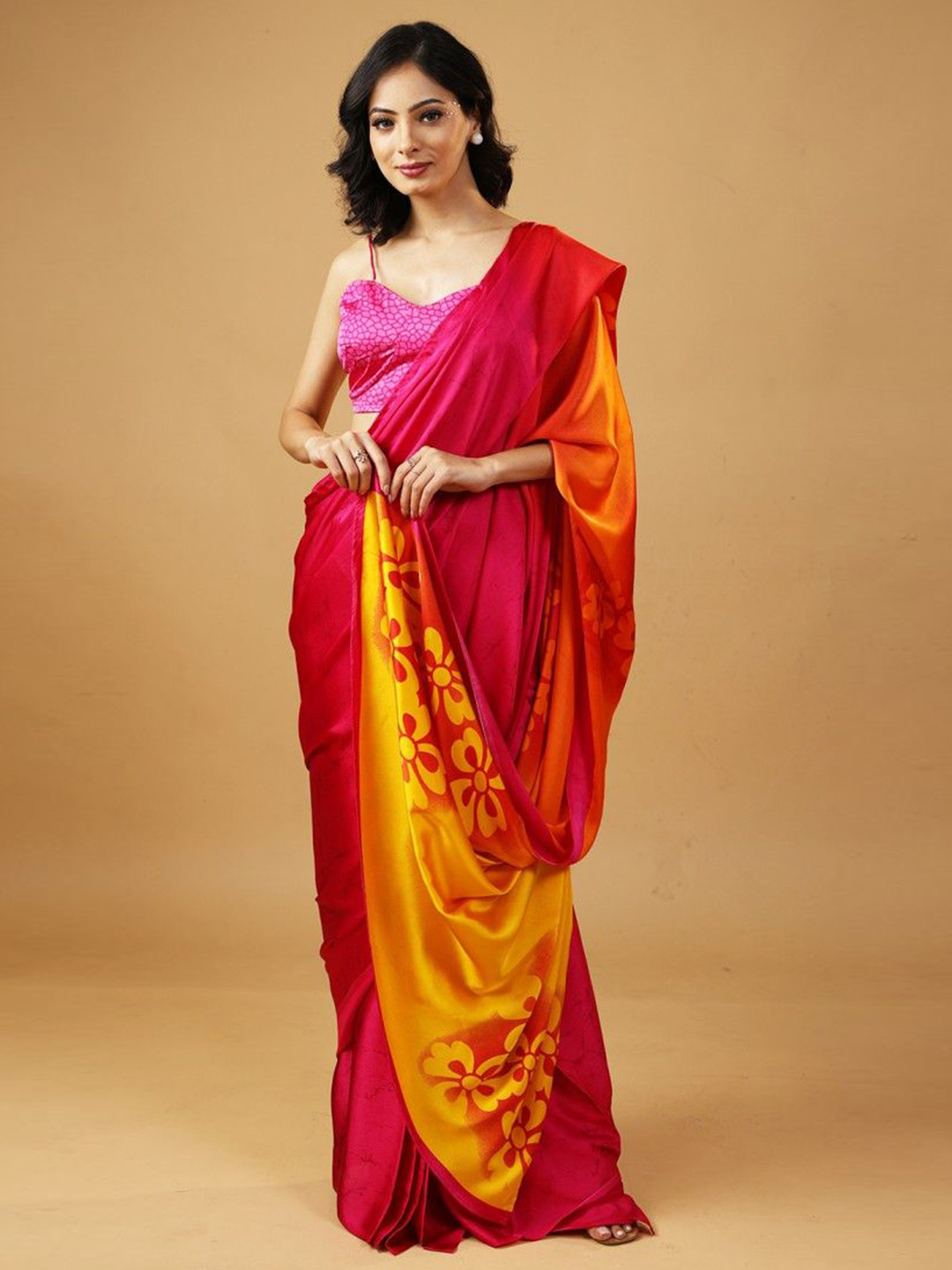 HANDME Twilight Pink Premium Satin Printed Saree with Blouse Fabric