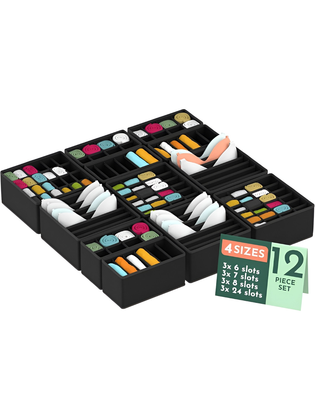 Aura Black 12 Pcs Set Multicompartment Underwear Organisers Storage Box Wardrobe Organizer