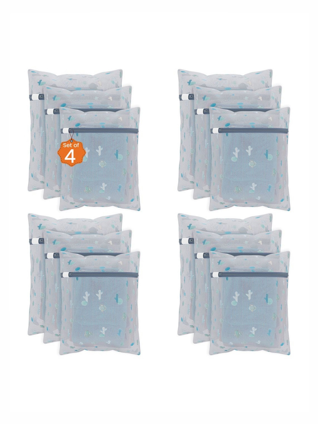 Aura 12Pcs White & Blue Cactus-Printed Reusable Mesh Laundry Bags With Zipper