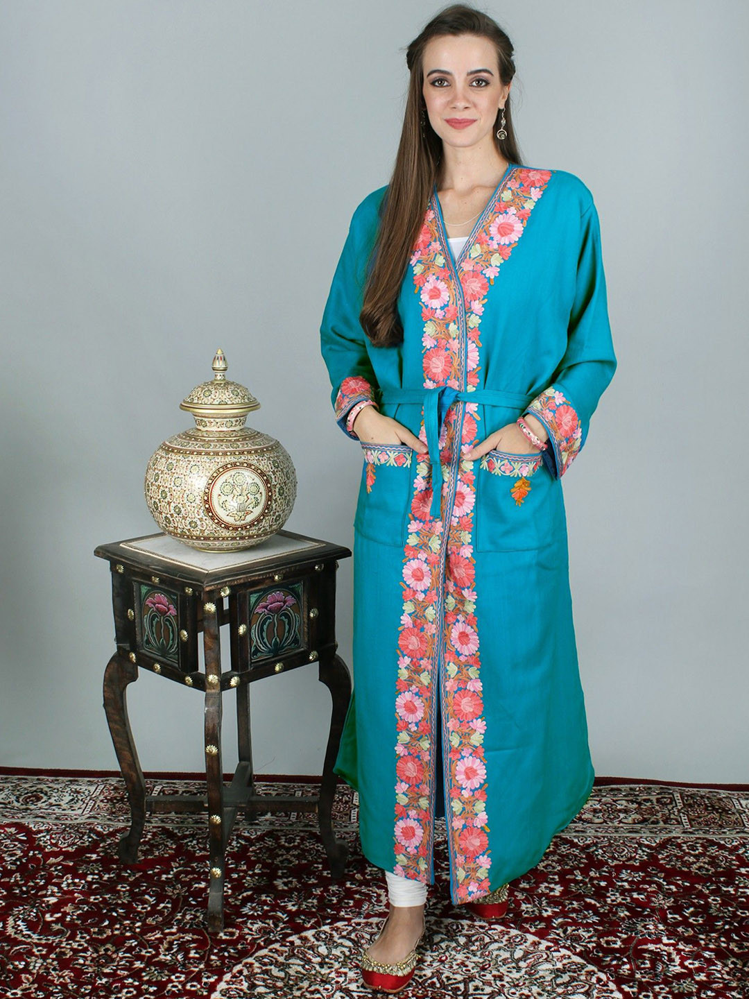Exotic India Enamel-Blue Aari Hand-Embroidered Flowers Kashmiri Robe From Kashmir