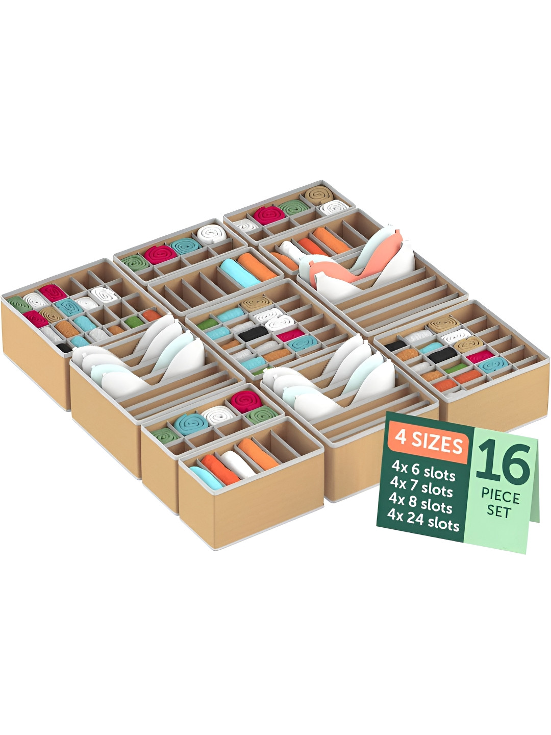 Aura 16 Pcs Beige Multicompartment clothes Organisers Storage Box for Wardrobe