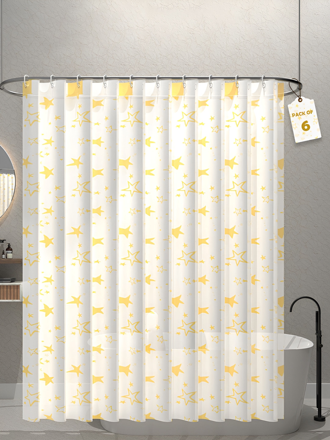 Aura 6-Pcs White & Yellow Star Printed Waterproof ShowerCurtainWithHooks