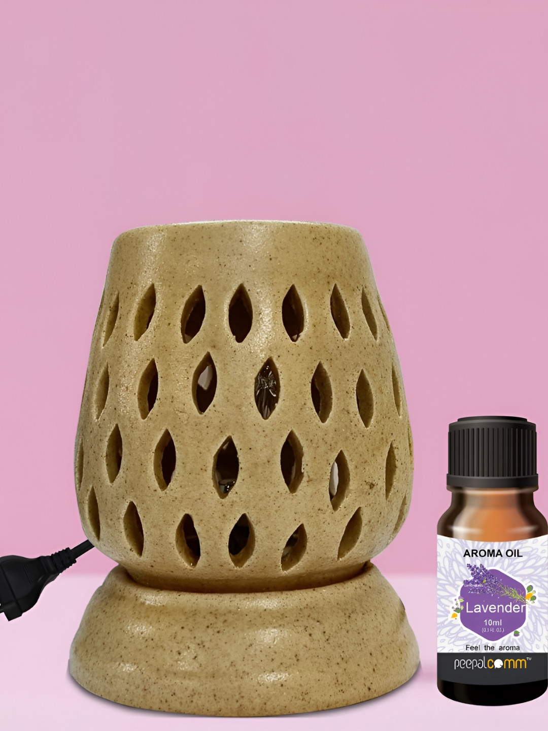 PEEPALCOMM 2Pc Brown Printed Ceramic Long Electrical Diffuser & Lavender Aroma Oil -10 ml