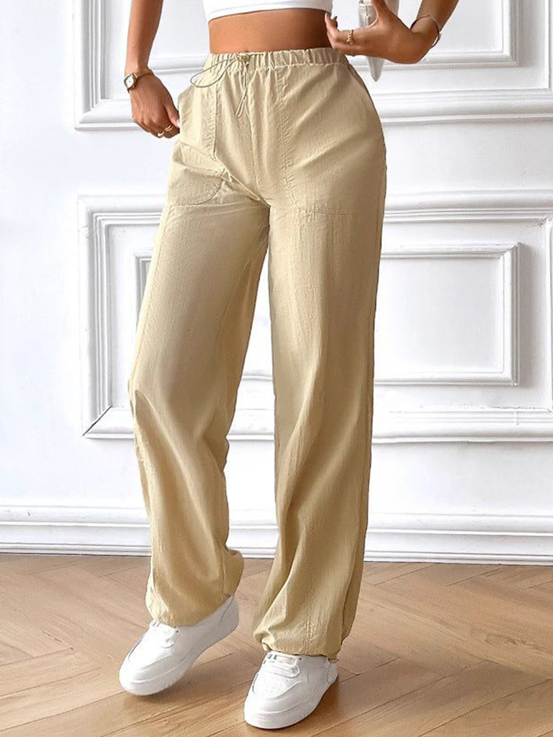 Outzidr Beige Textured Wide Leg Pant