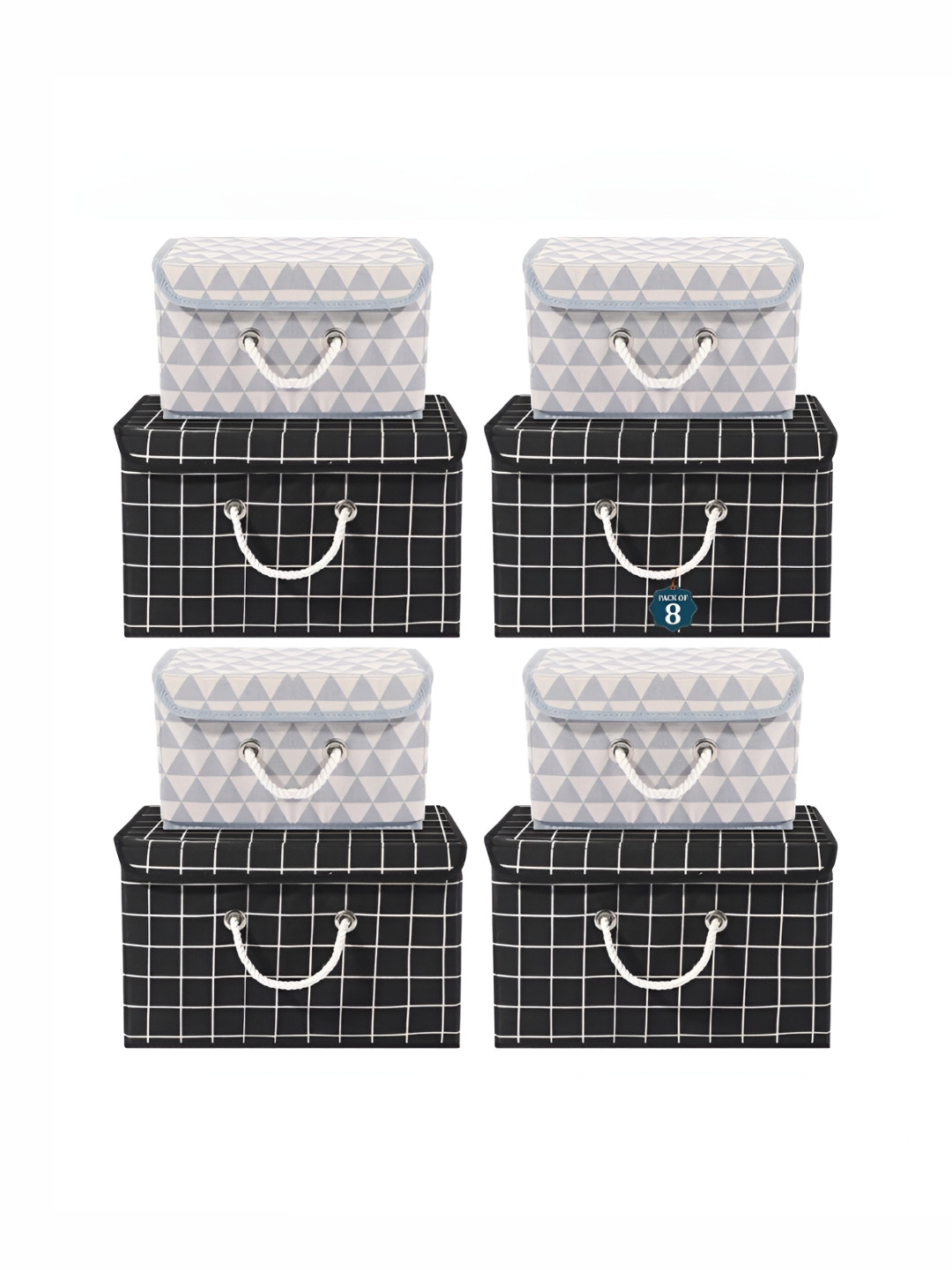 Aura Black 8 Pieces Multipurpose Storage Box Wardrobe Clothes Organisers With Lid & Handle