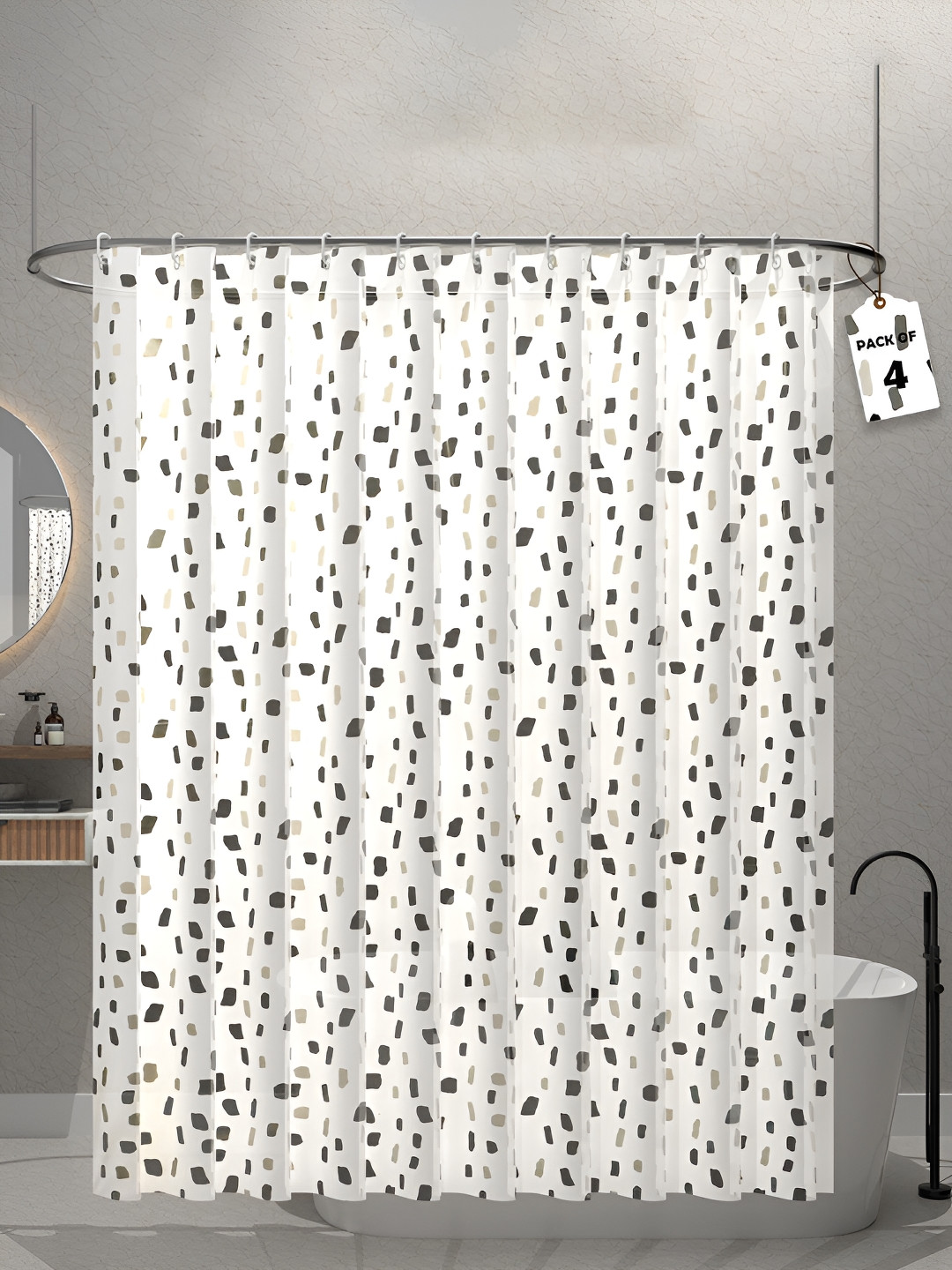 Aura Grey & White 4 Pieces Printed Waterproof Shower Curtains With Hooks
