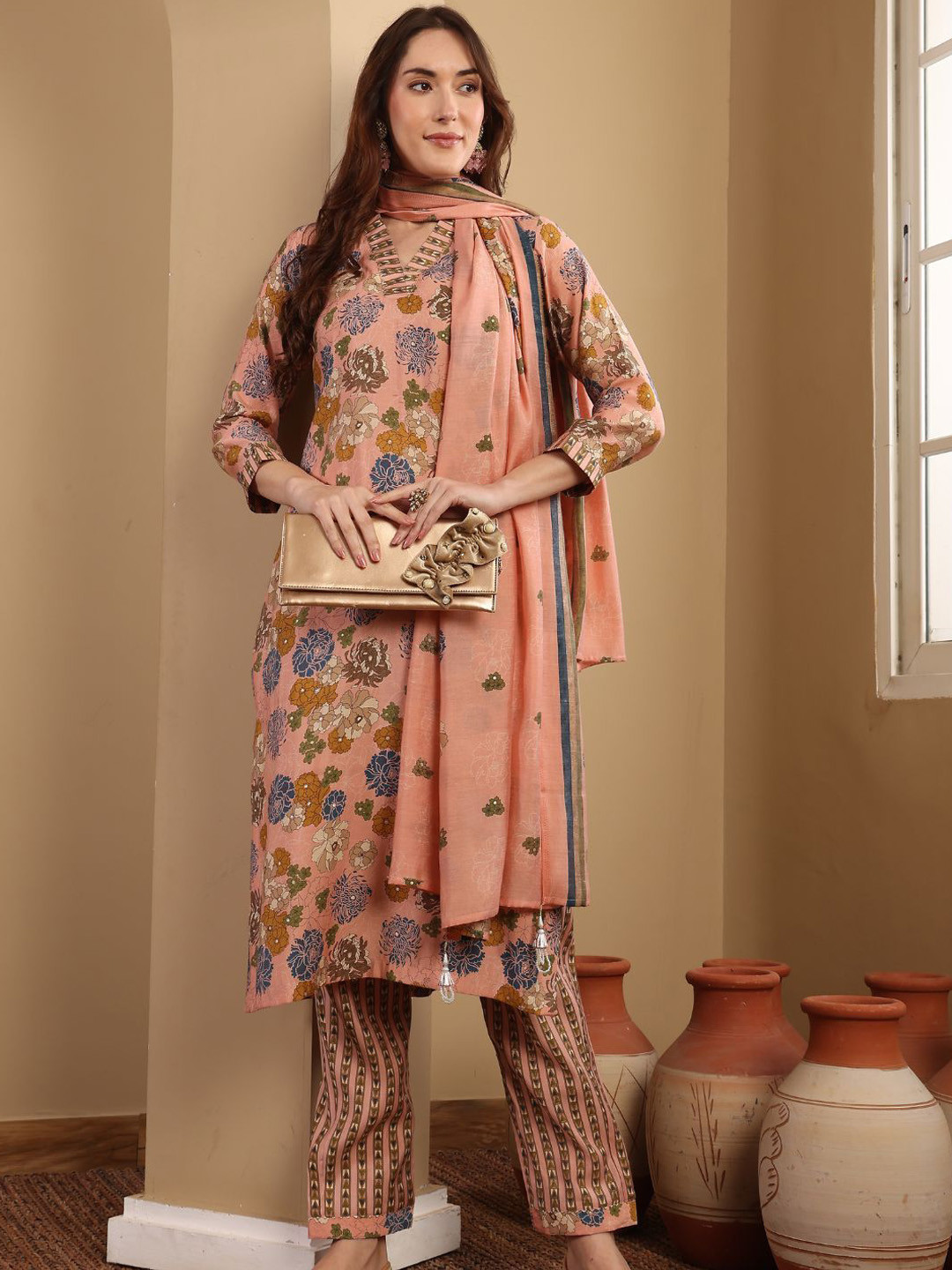 Lative Colours of Fashion Women Floral Printed Silk Kurta with Trousers & Dupatta