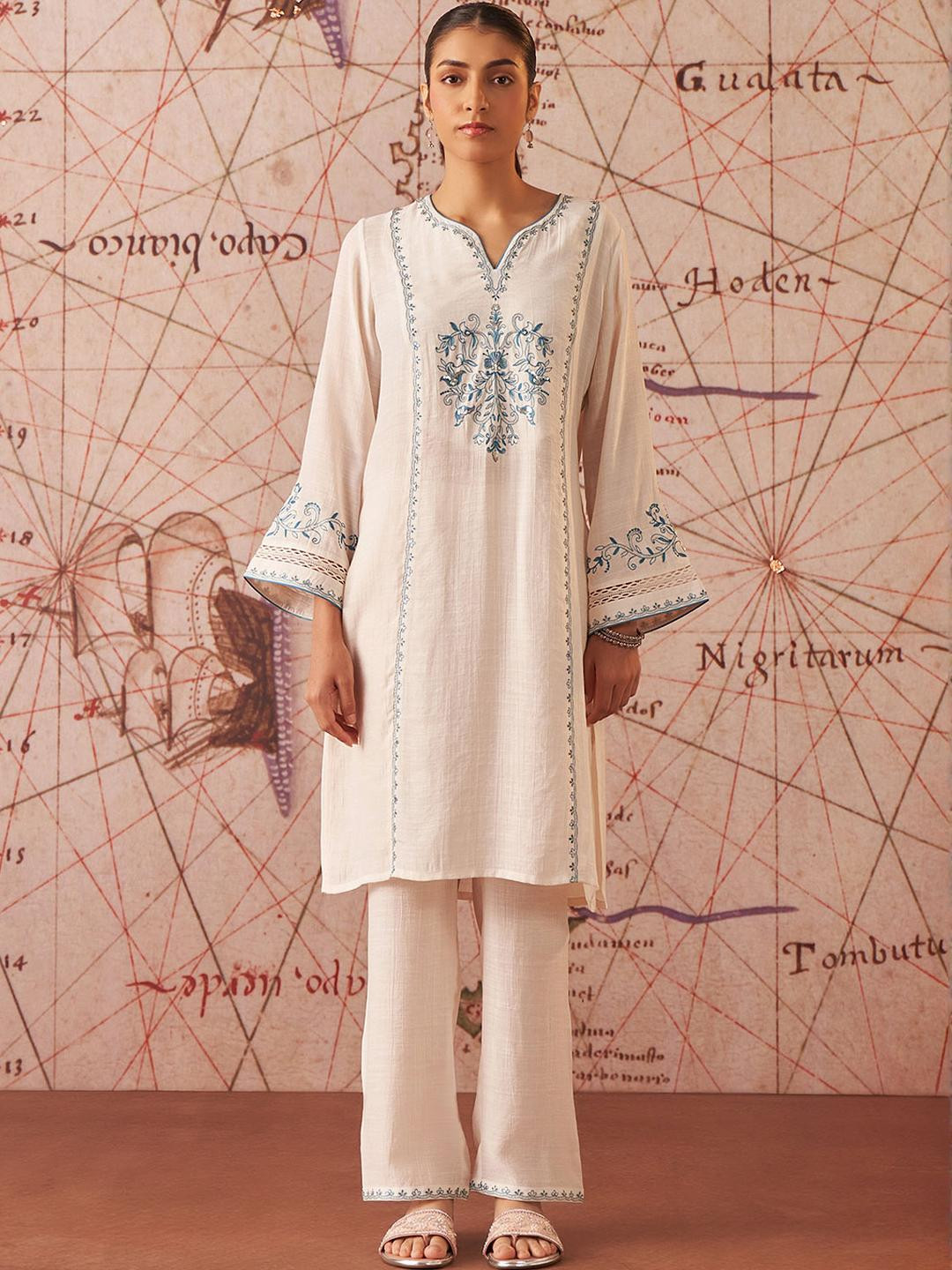 Lakshita Ivory Embroidered Rayon Kurta