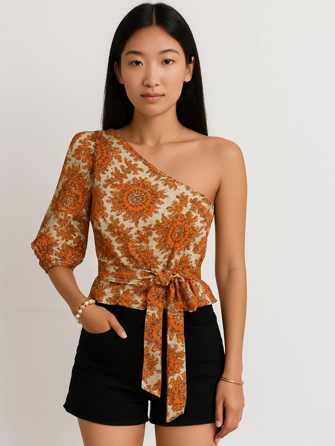 TRENBEE Women Animal Print One Shoulder Puff Sleeve Regular Top