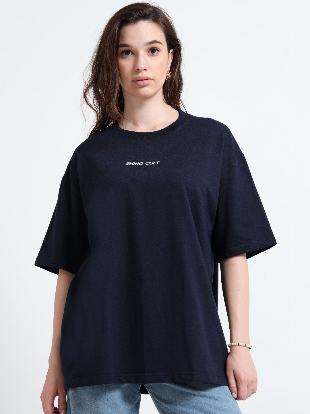 RHINO CULT Brand Logo Printed Drop-Shoulder Sleeves Round Neck Cotton Oversized T-shirt