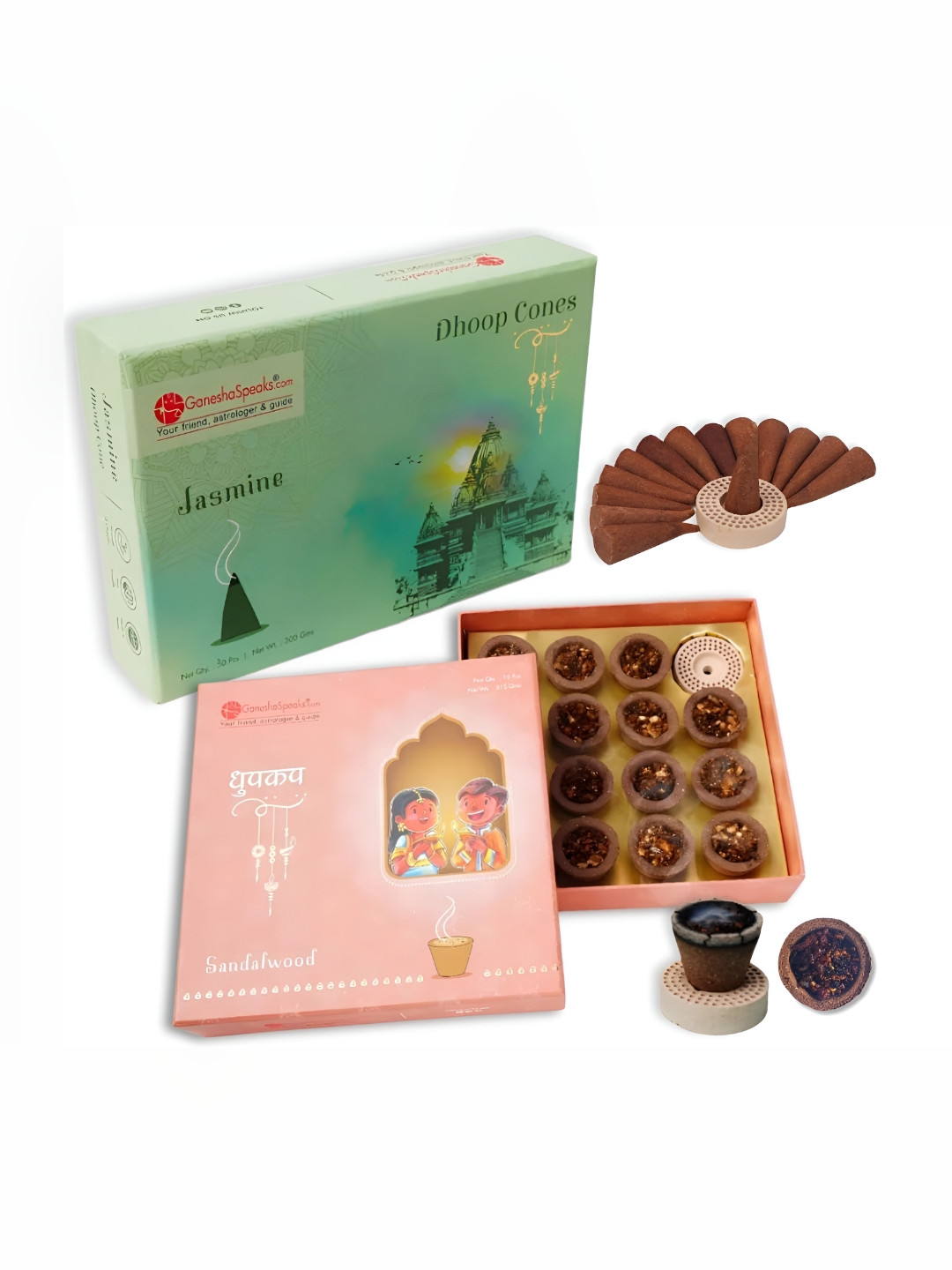 GaneshaSpeaks 15-Pcs Brown Wooden Jasmine Dhoop Cup & 50-Pcs Lemongrass Dhoop Cone