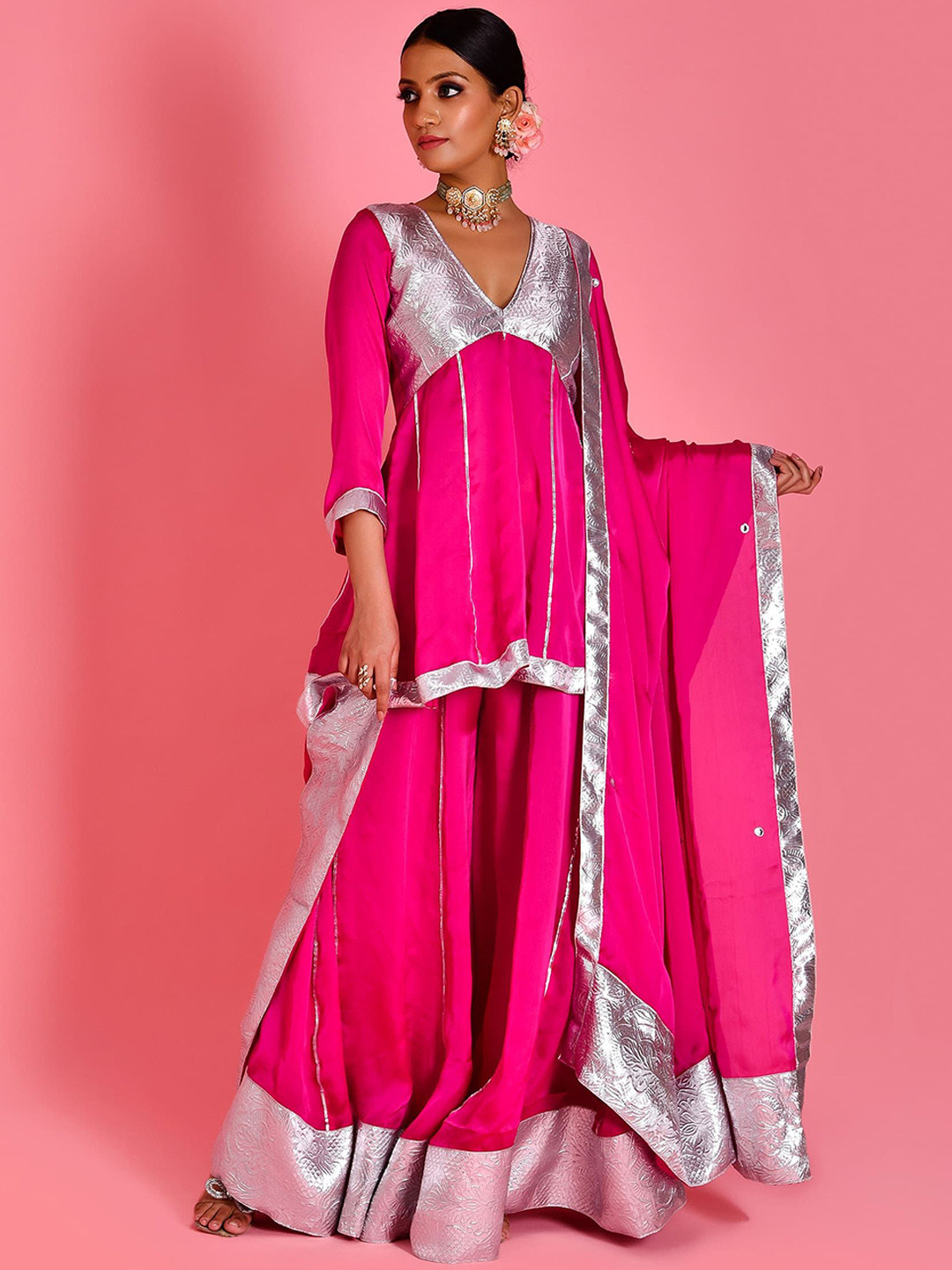 Bannhi by Priyanka Rathore  Women Floral Woven Design Satin Kurti with Sharara & Dupatta