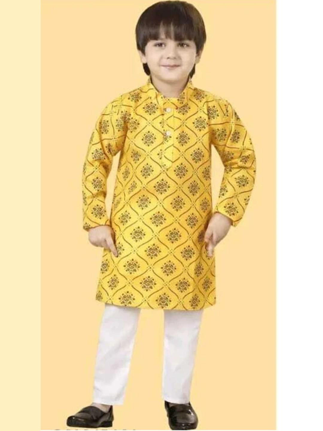 VISHESTA Kids-Boys Yellow Cotton Blend Kurta Sets