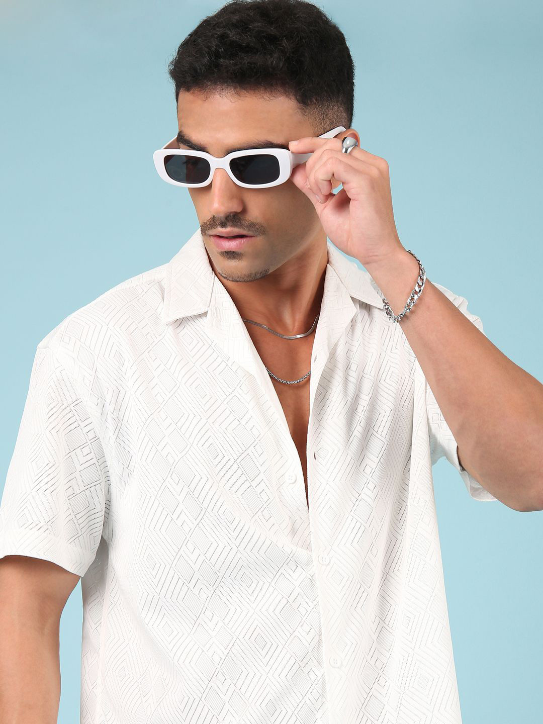 Voroxy Standard Geometric Self Design Wrinkle Free Casual Shirt