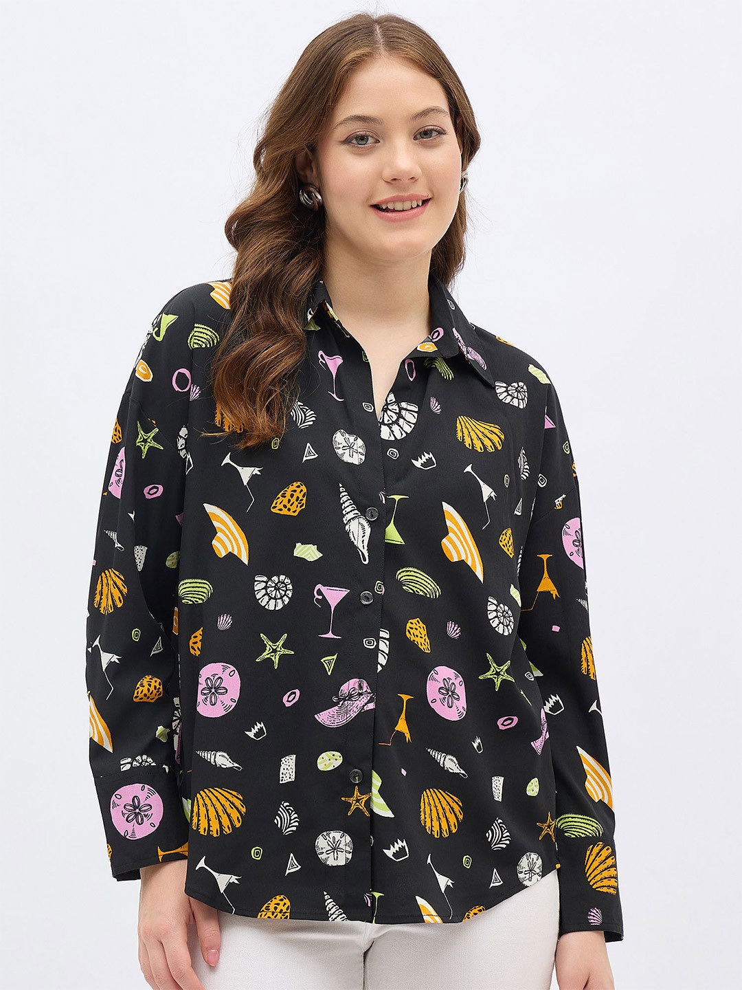 all about you Conversational Printed Spread Collar Oversized Casual Shirt