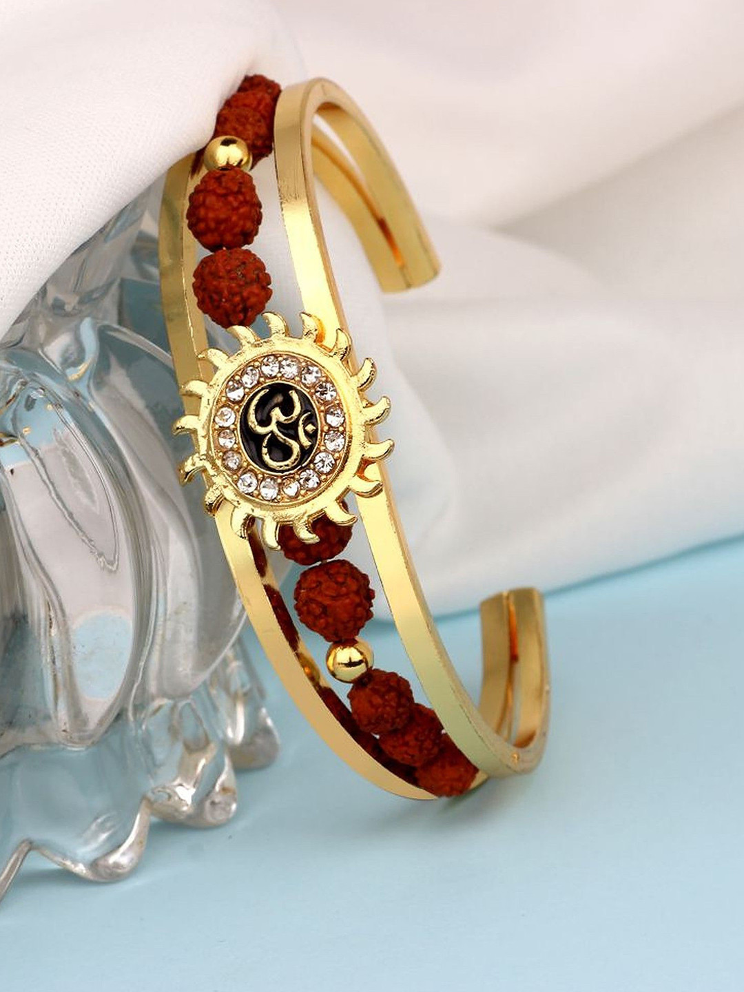 Crazy Fashion Unisex Stainless Steel Stones Studded Om Sun Rudraksha Cuff Bracelet