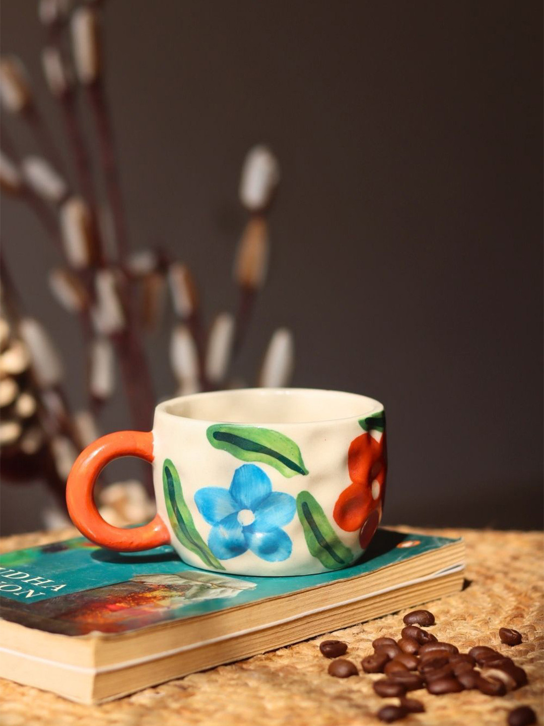 WEAVING HOMES Cream-Coloured & Blue Printed Ceramic Glossy Mugs Set of Cups and Mugs