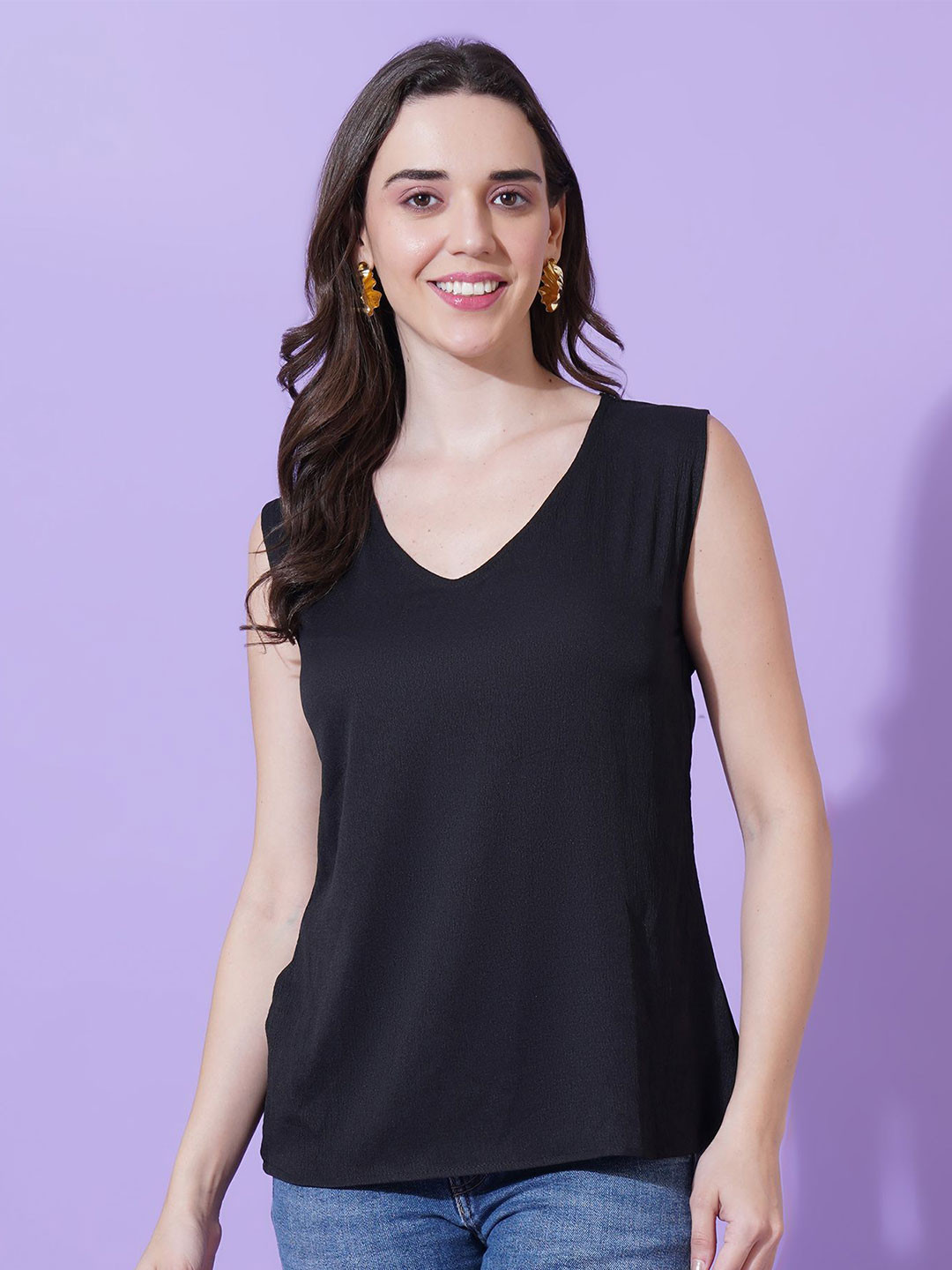 LECOWAR Women Solid V Neck Sleeveless Top