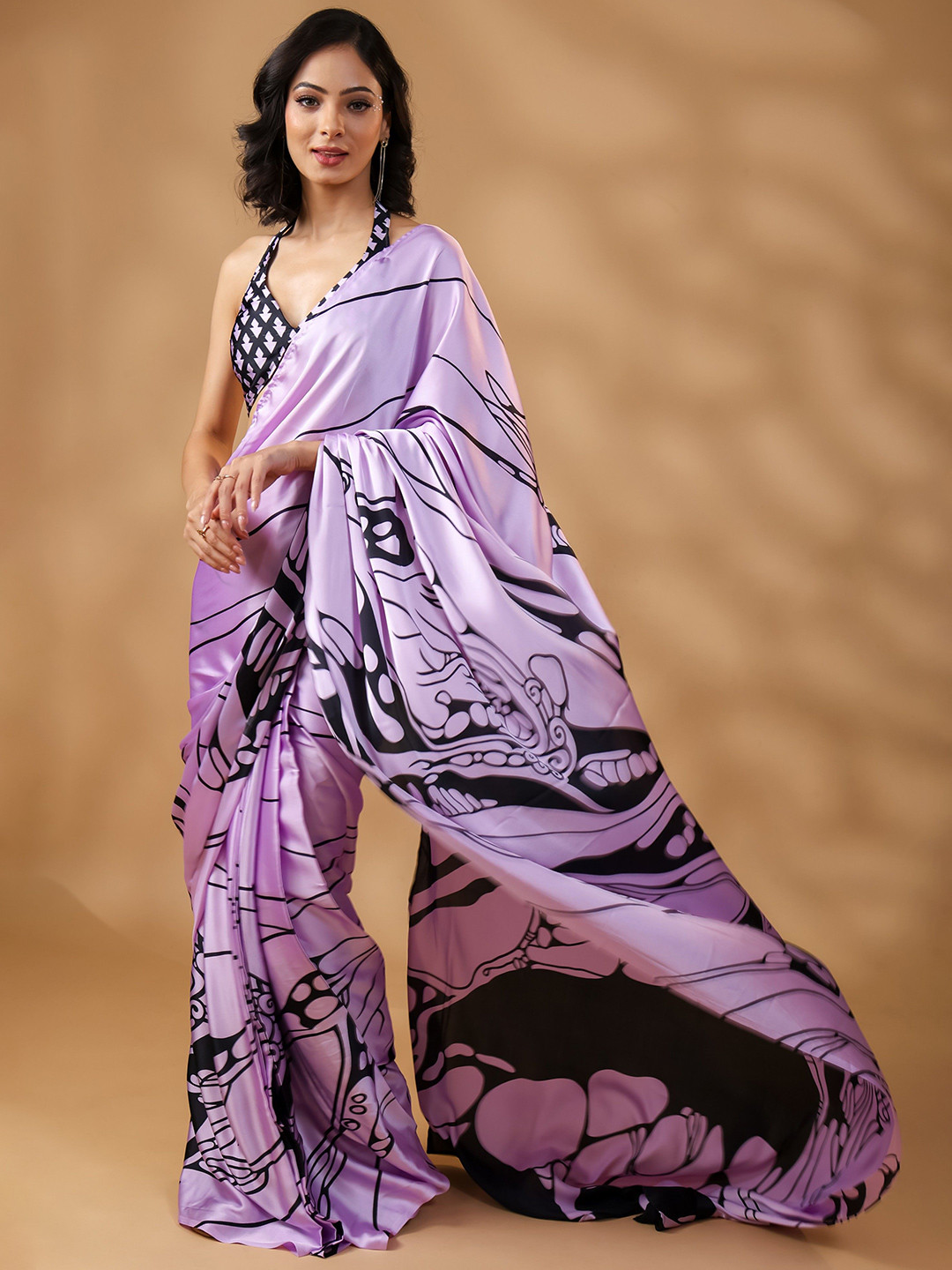 HANDME Dreamy Lavender Premium Satin Saree with Unstitched Blouse