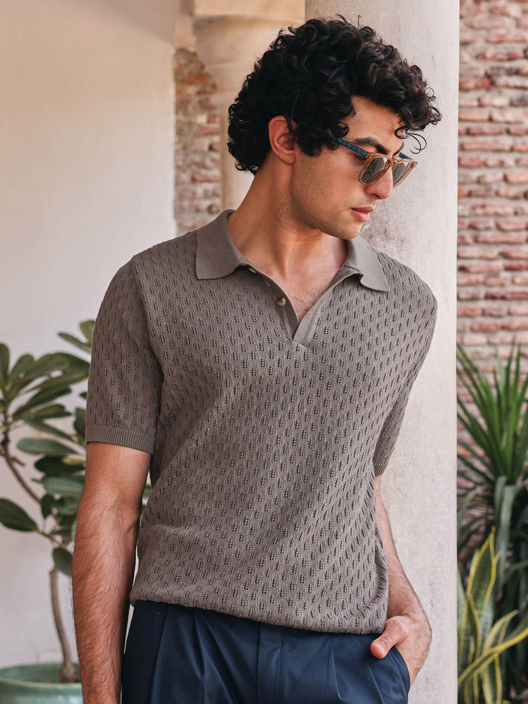 PRIMAL GRAY Men Self Design Polo Collar Cotton Slim Fit T-shirt