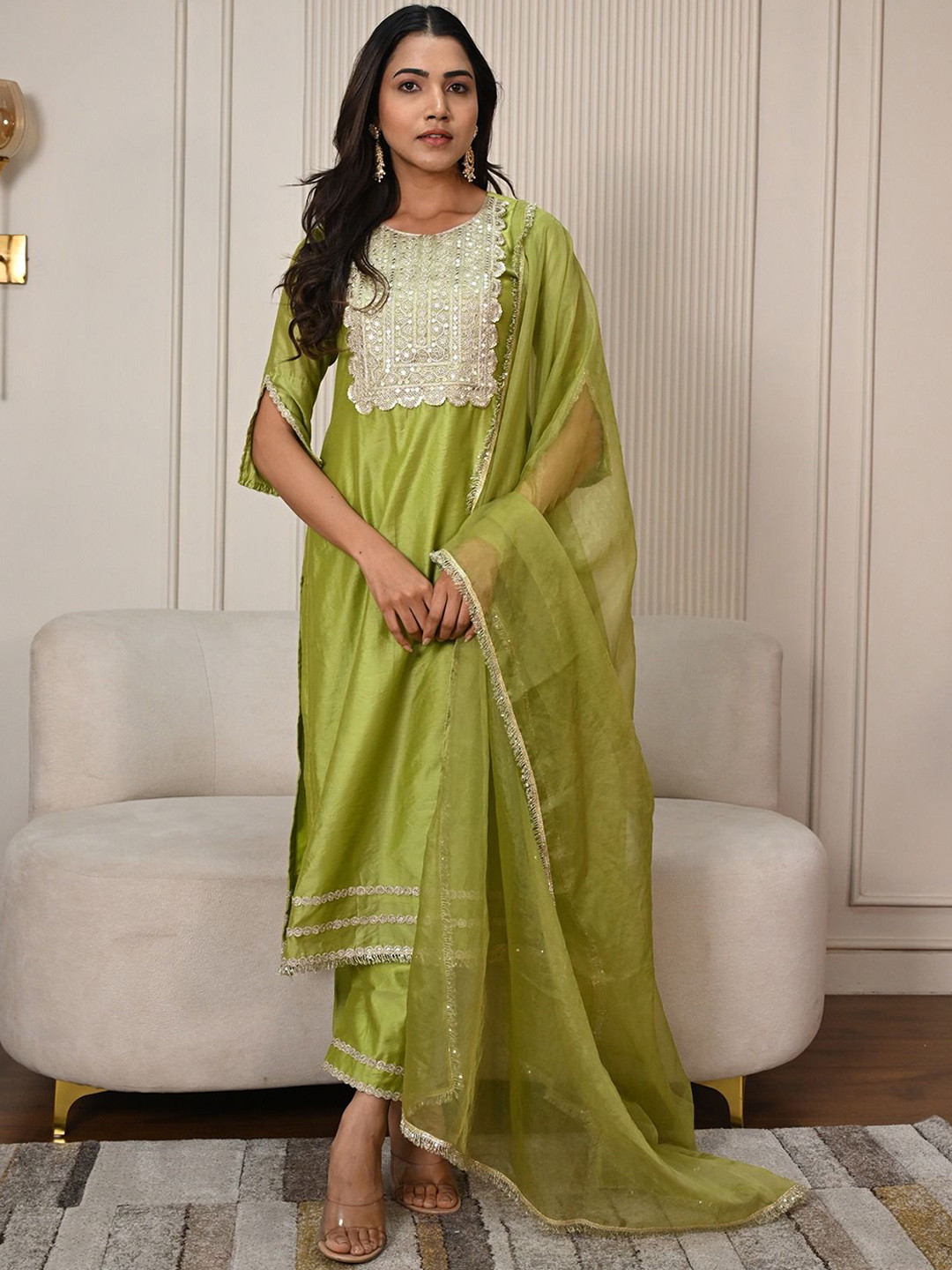 ANISH BY AHINSA Floral Yoke Design Chanderi Cotton Straight Kurta & Trousers With Dupatta