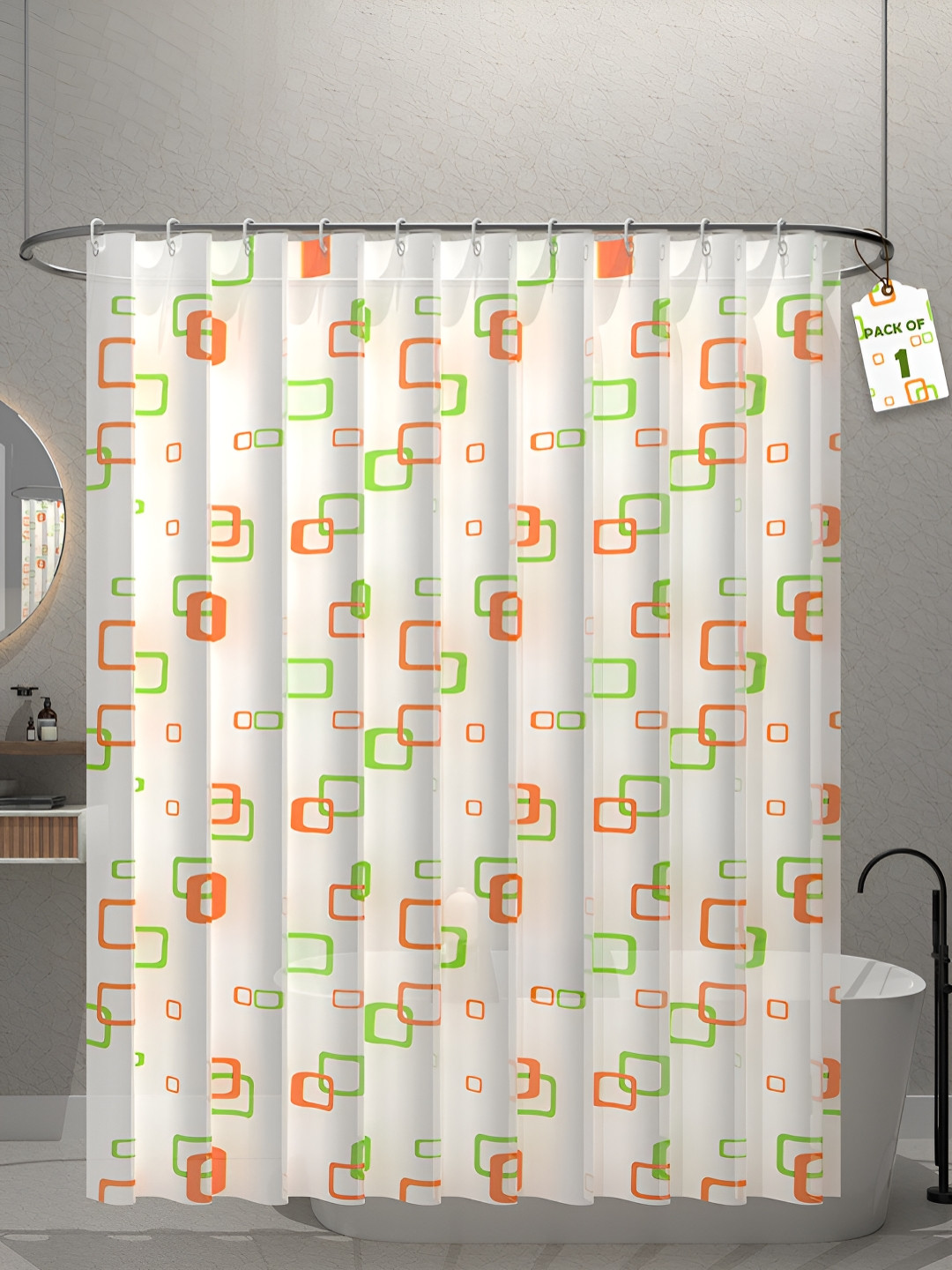 Aura White & Green Block Printed Waterproof ShowerCurtainWithHooks