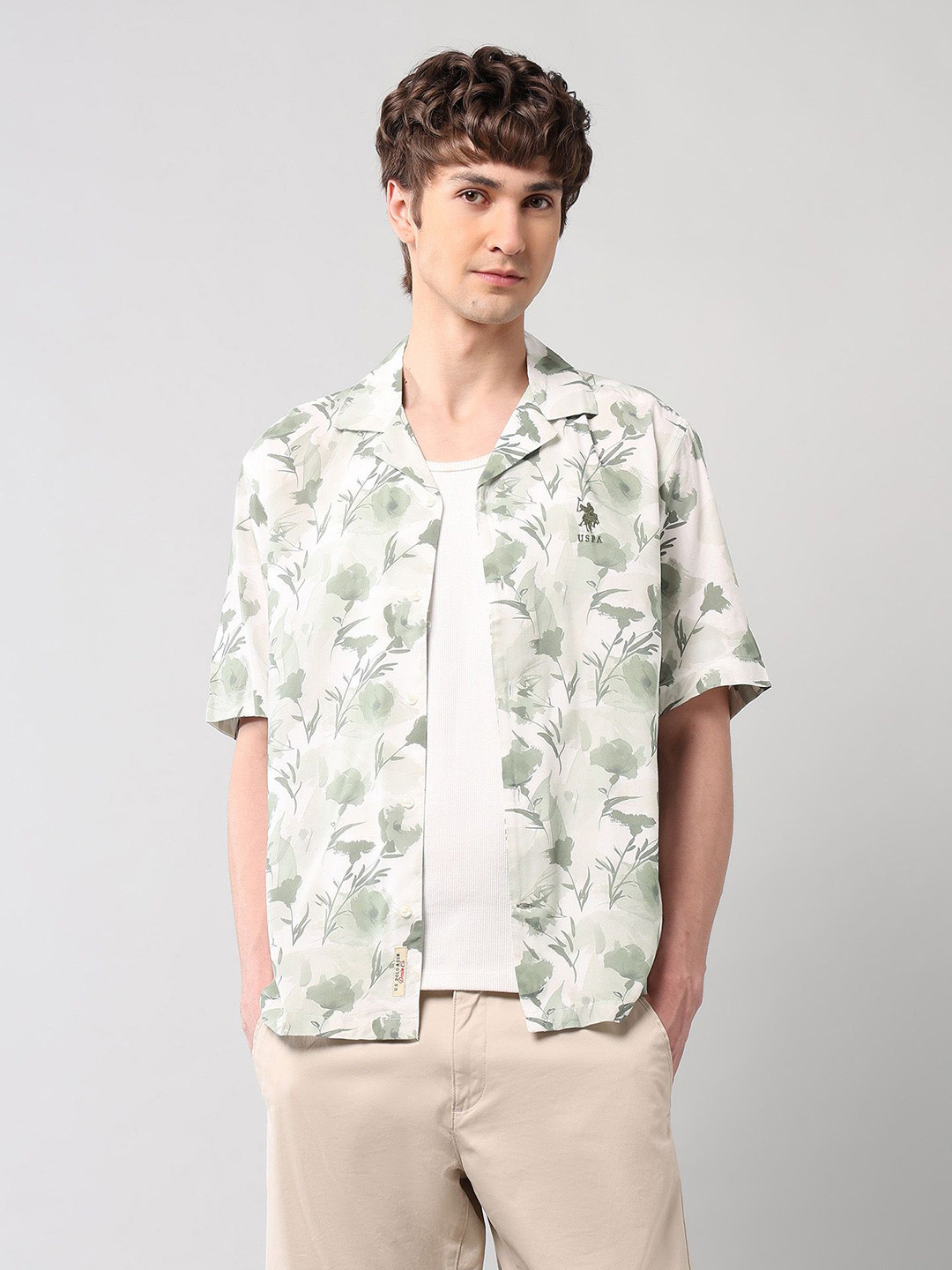U.S. Polo Assn. Denim Co. Floral Printed Cuban Collar Short Sleeves Relaxed Fit Shirt