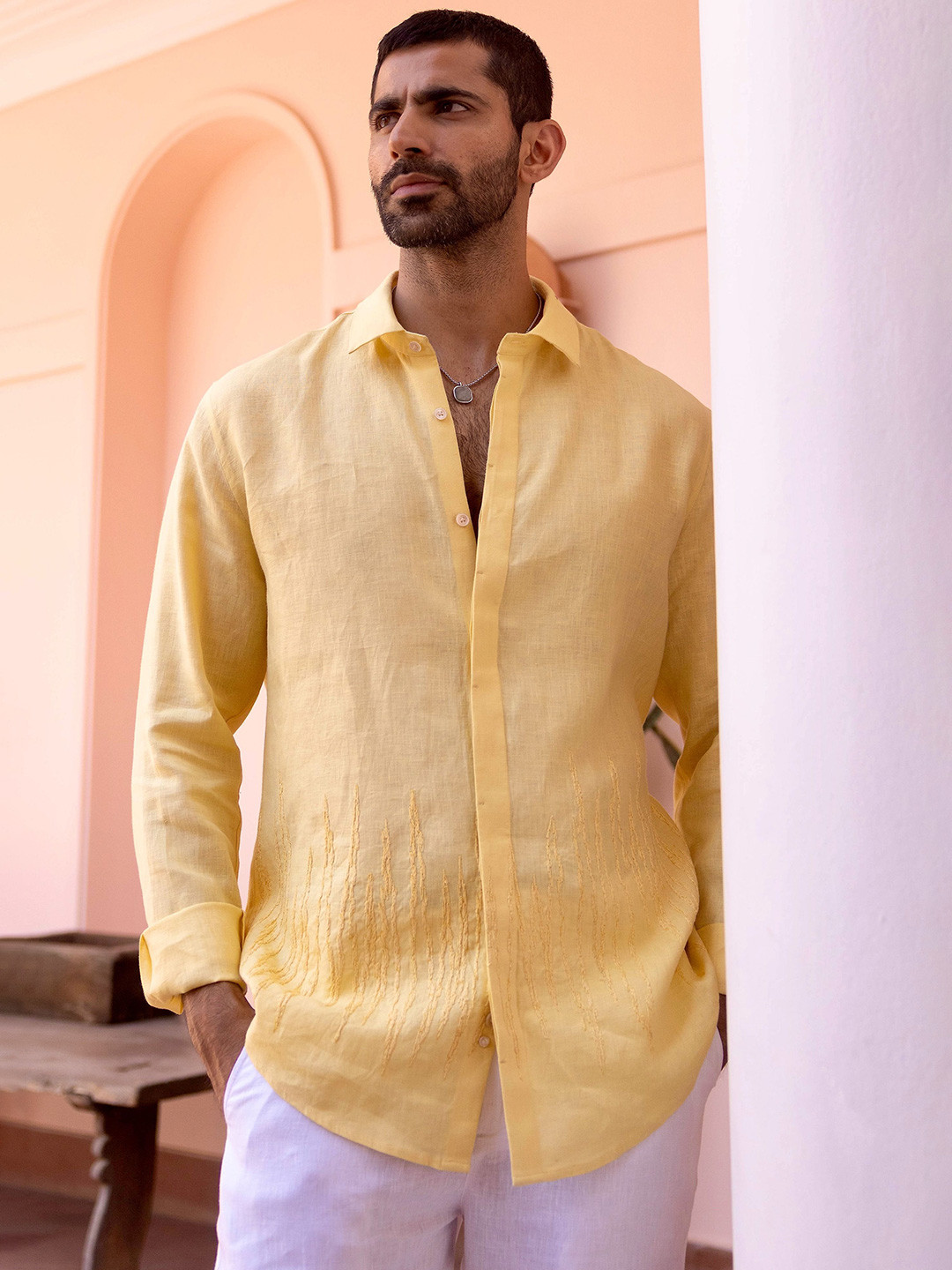 ASUKA Spread Collar Relaxed Fit Embroidered Linen Shirt