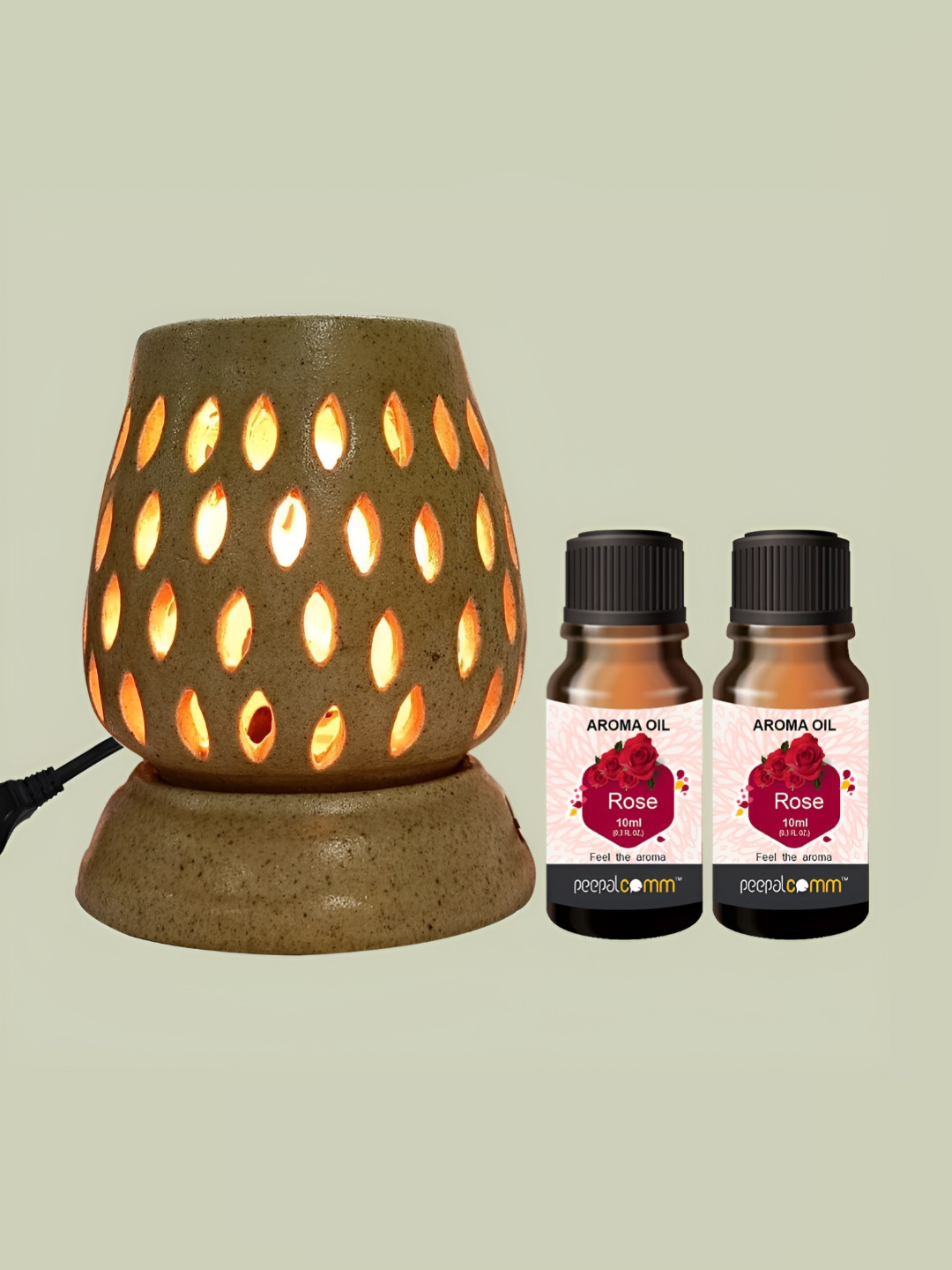 PEEPALCOMM 3Pcs Brown Printed Ceramic Long Electrical Diffuser With Rose Aroma Oils