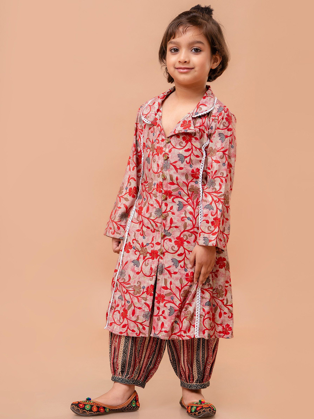 Sangria Girls Floral Printed Pure Cotton Shirt Collar A-Line Kurta With Dhoti Pants
